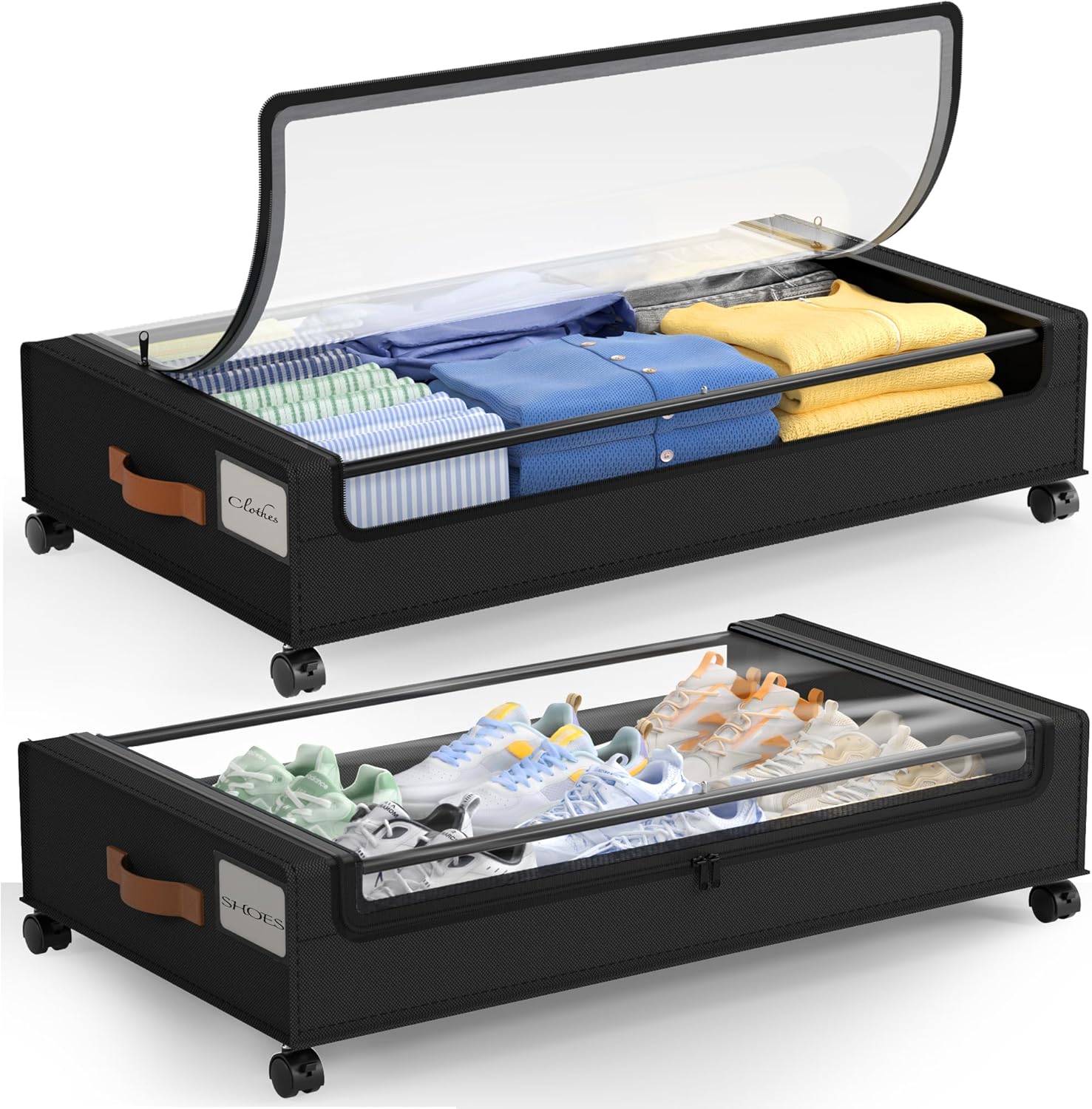 LAMU Under Bed Storage with Wheels, 2Pack Underbed Storage Containers,Black | Smooth-rolling Wheels, Clear Lid & Label, Sturdy Metal Frame, Easy Install, Rolling Storage Drawers for Clothes, Shoes, Toys