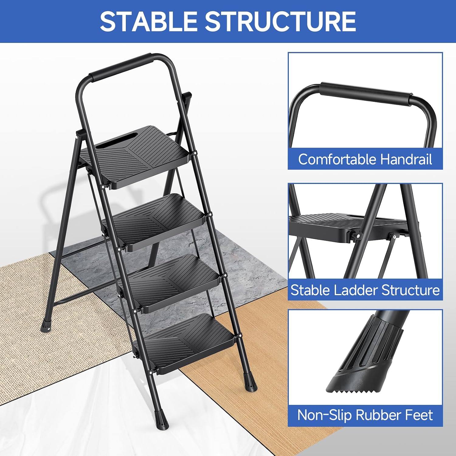 KINGRACK 4 Step Ladder, Portable Folding Ladder with Anti-Slip Pedals | Heavy Sturdy Steel Step Stool for Multi-Purpose, Home, Kitchen, Handrail, Safe-Lock Design, Pass 500lbs Load Testing, Black - Image 7