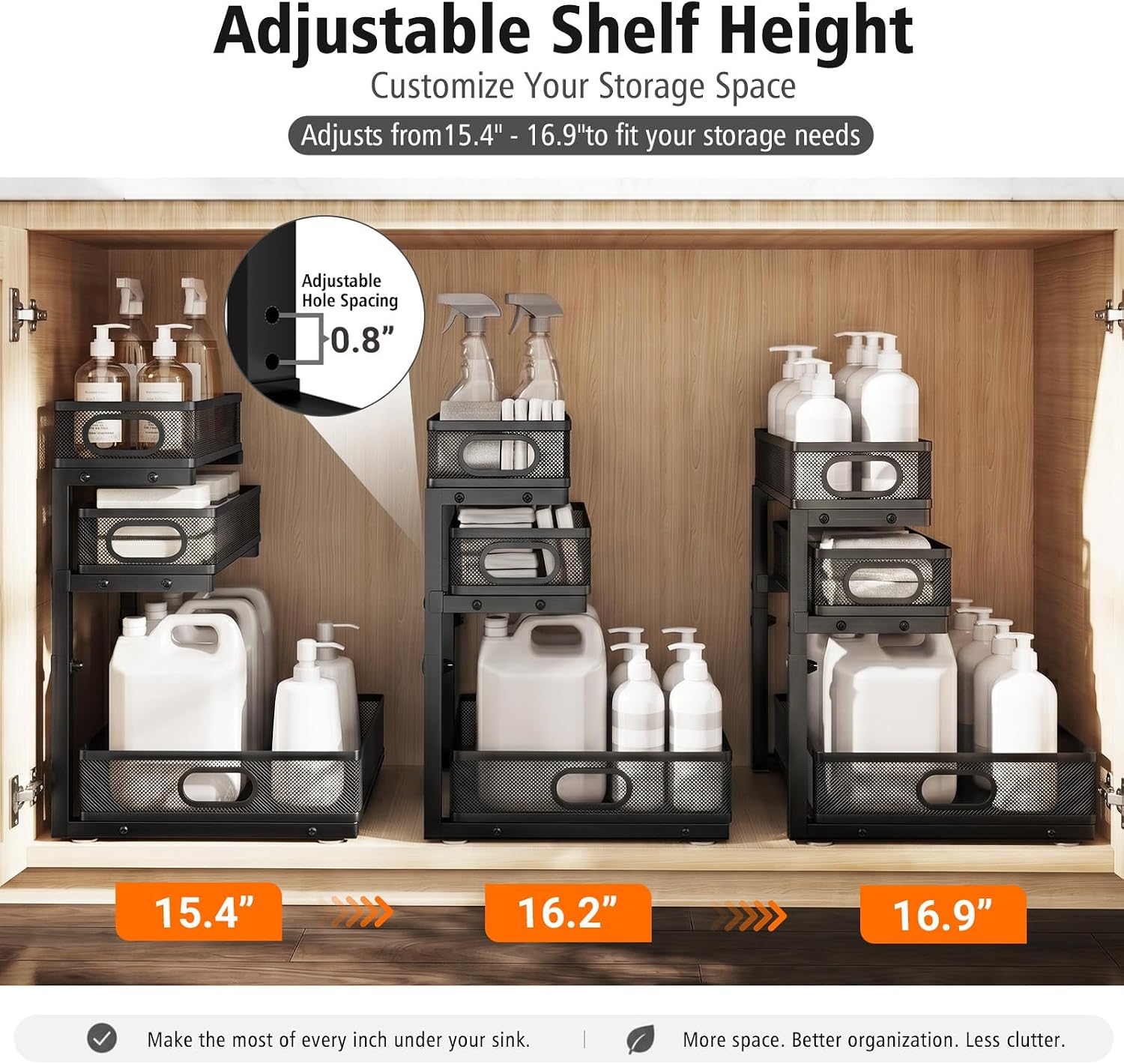 Under Sink Organizer, 3 Tier Pull Out Cabinet Organizer with 5 Adjustable Heights, Metal Under Sink Storage with Sliding Drawers for Kitchen, Bathroom, Pantry and Laundry Room, 2-Pack Black - Image 9