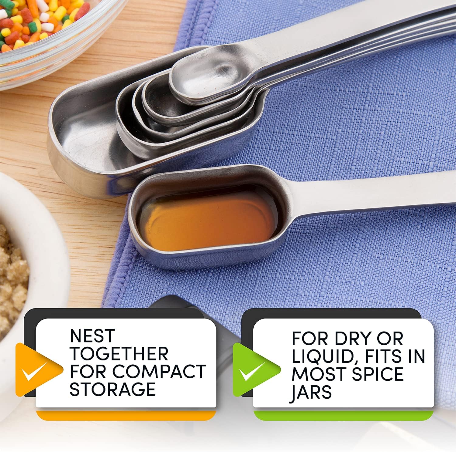 Spring Chef Nesting Stainless Steel Measuring Spoons Set of 7 with Leveler | Rectangular Metal Teaspoon & Tablespoon Measuring Spoons for Dry & Liquid Ingredients, Fits in Spice Jars, Long Handle - Image 5