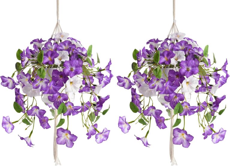 2 Sets Artificial Hanging Fake Flowers for Outdoors with Basket | Realistic faux petunias plants for patio, porch, balcony, garden, or yard, UV Resistant & fade-resistant,Purple White