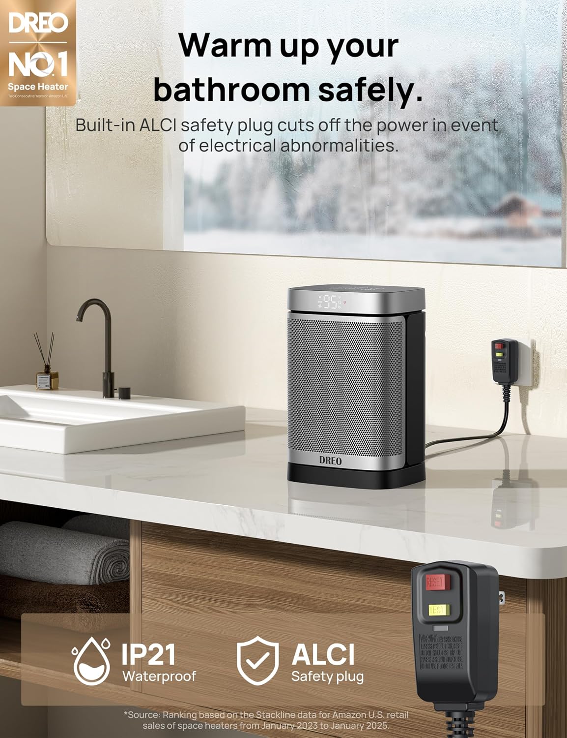DREO Space Heater for Bathroom and Indoor, Safe and Quiet Portable Heater | ALCI Safety Plug, 41-95°F Digital Thermostat, Remote, 70°Oscillating, 12h Timer, 5 Modes, 1500W PTC Ceramic Heater - Image 2