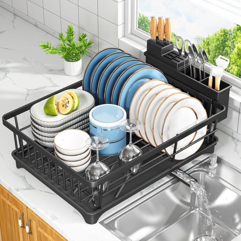 Kmiectse Dish Drying Rack for Small Kitchen Counter with Utensil Holder | Space Saving, Rust Resistant, Quick Drainage Dish Rack, Compact Dish Drainer Organizer for Home Kitchen, Black