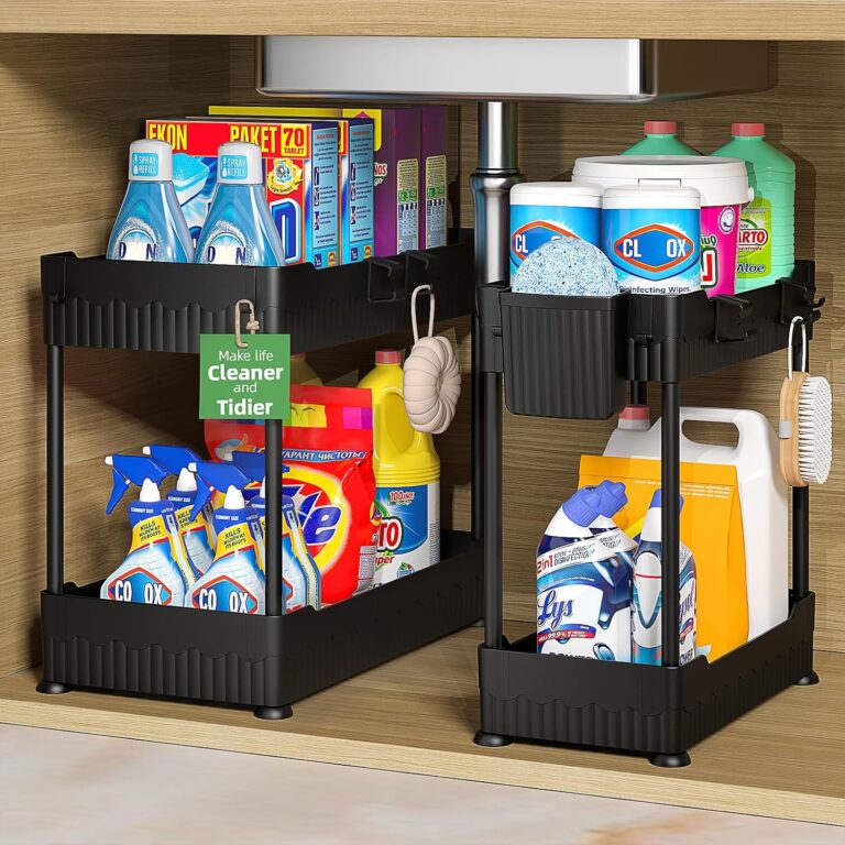 Sevenblue 2-Pack Under Sink Organizer with Hooks & Hanging Cup for Kitchen | Multi-use kitchen & bathroom storage, 12.8 inch black cabinet organizer, with hooks and hanging cup for easy access.