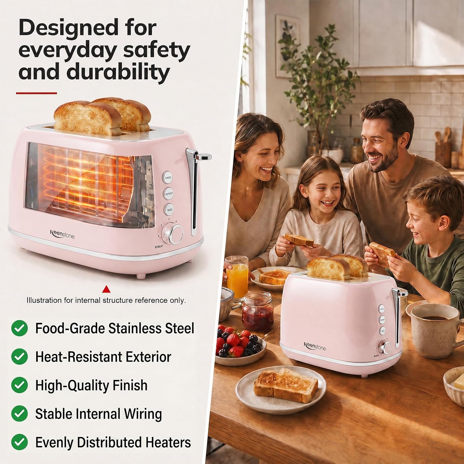 2 Slice Toaster Retro Stainless Steel with Bagel, Cancel, Defrost Function and 6 Bread Shade Settings Bread Toaster, Extra Wide Slot and Removable Crumb Tray (Pink) - Image 3