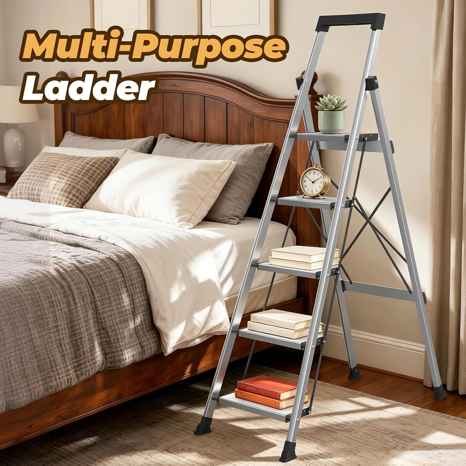 HBTower 5 Step Ladder, Lightweight Aluminum Folding Step Stool | Anti-Slip Wide Pedal, 330lbs Capacity Step Ladder for Household Kitchen Office, Silver - Image 6