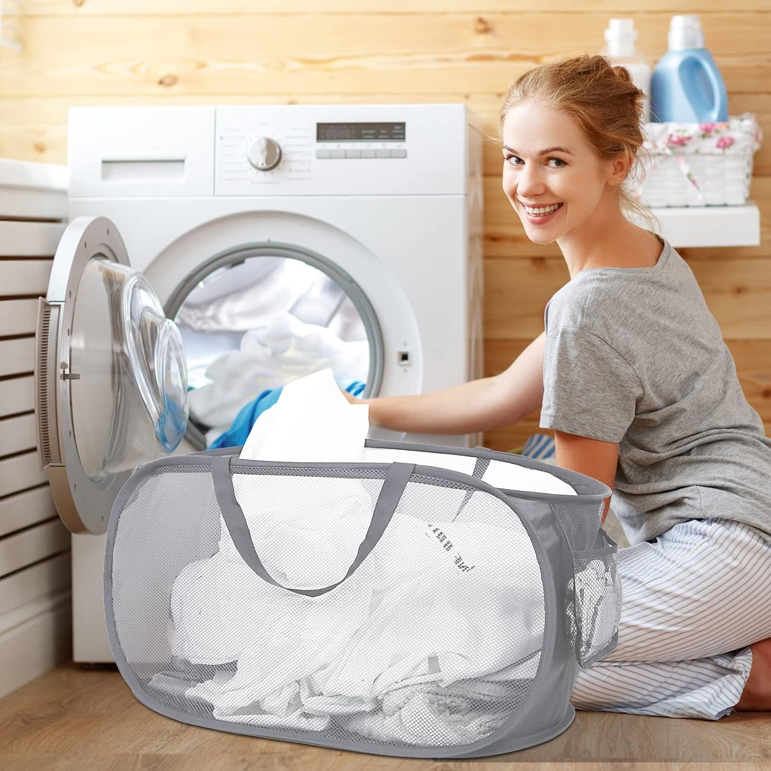 Durable Collapsible Laundry Baskets, Mesh Pop Up Laundry Hamper with Side Pocket, Foldable Clothes Storage Hamper with Reinforced Carry Handles for Laundry, Bathroom, Kids Room, Dorm or Travel Grey - Image 2