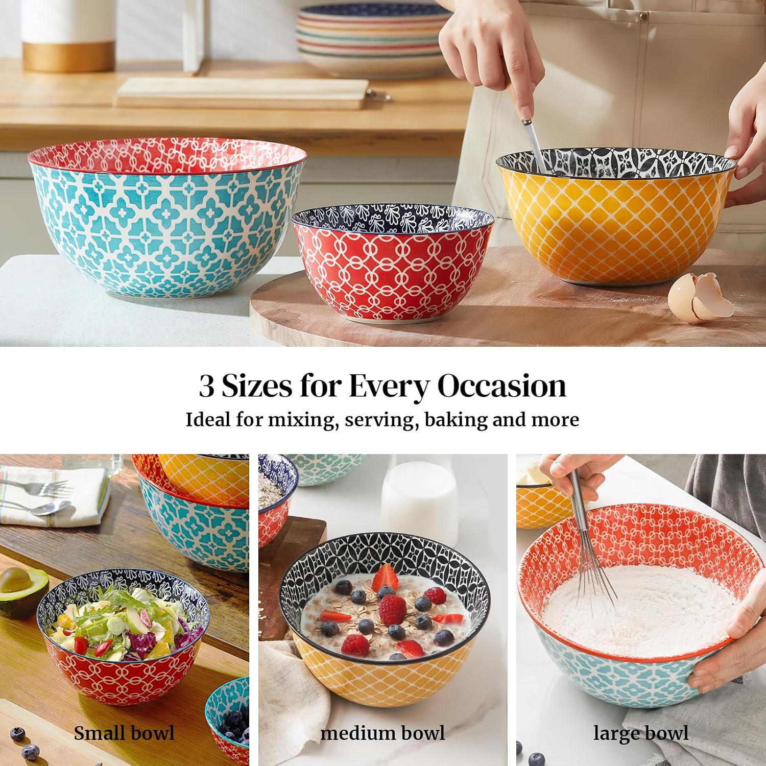 DOWAN Mixing Bowls, Ceramic Mixing Bowls for Kitchen, Colorful Vibrant Nesting Bowls for Cooking, Baking, Prepping, Serving, Salad, Housewarming Gift, Microwave Dishwasher Safe, 3.7/2/1 Qt, Set of 3 - Image 4