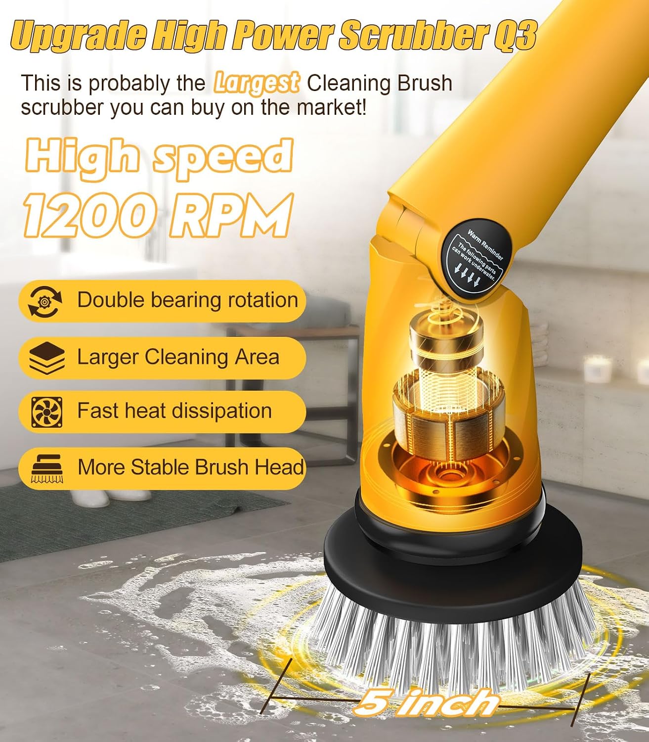 Qimedo Electric Spin Scrubber Q3, 6000mAh, Extra-Large Brush Head, 1200RPM | Floor Scrubber Machine with Long Handle, Cordless Cleaning Brush, 8 Brush Heads and Smart Display for Showers, Tubs and Tile - Image 2