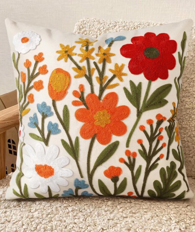 Embroidered Throw Pillow Cover 18x18 Inch, Flower Cluster | Decorative Pillow Cover, Floral Farmhouse Cushion Case with Hidden Zipper, Home Decor for Couch, Sofa, Living Room, Bedroom