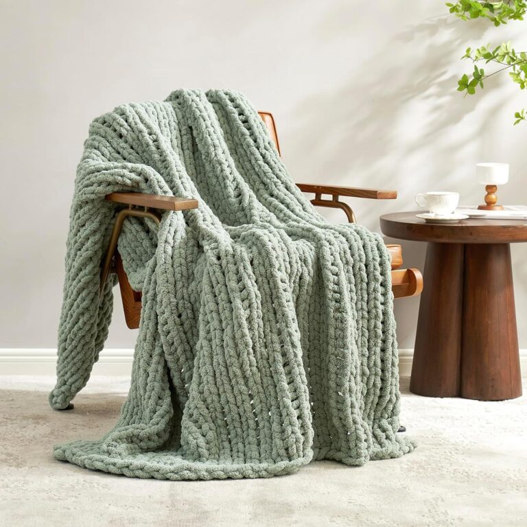 Chenille Chunky Knit Throw Blanket for Couch 50"x60", Sage Green | Handmade Chenille Crochet Throw for Sofa Bed, Thick Cable Knitted Blankets for Room Home Decor, Birthday Gift for Women