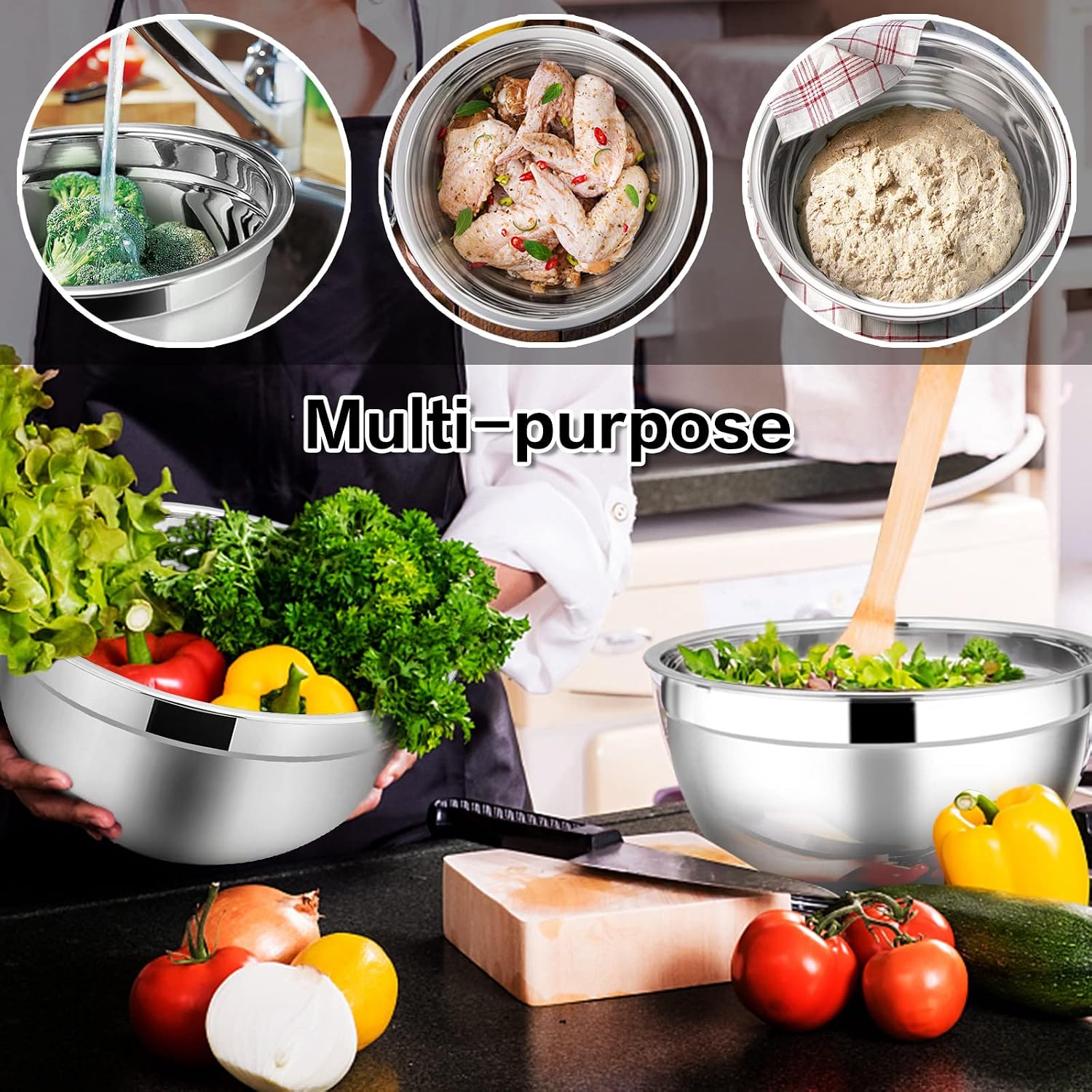 E-far Stainless Steel Mixing Bowls with Airtight Lids, 7-Piece Metal Nesting Bowls with Black Lids for Saving Storage Space, Size 7, 4.6, 3, 2, 1.5, 1, 0.7QT, Great for Baking/Cooking/Prepping - Image 5