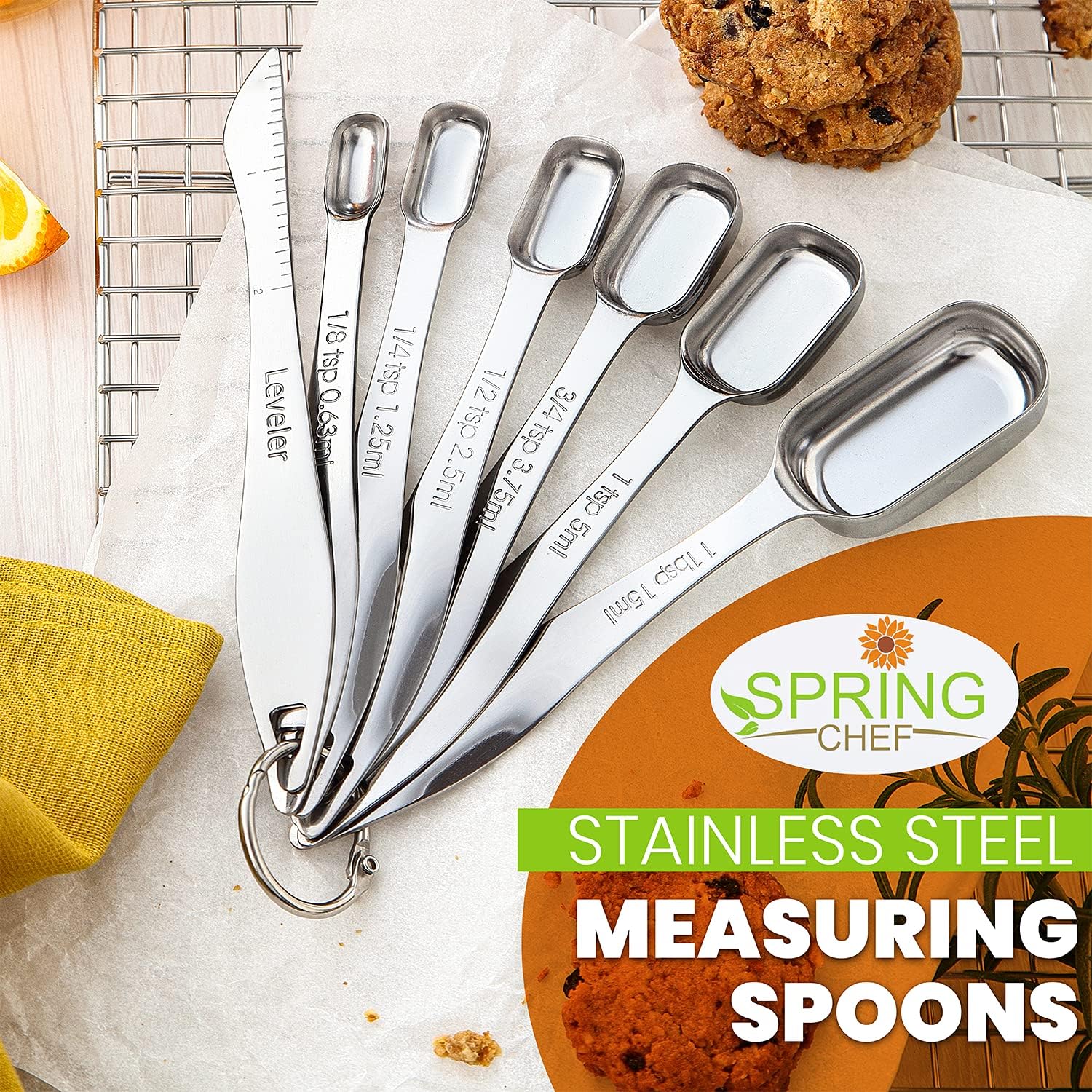 Spring Chef Nesting Stainless Steel Measuring Spoons Set of 7 with Leveler | Rectangular Metal Teaspoon & Tablespoon Measuring Spoons for Dry & Liquid Ingredients, Fits in Spice Jars, Long Handle - Image 2