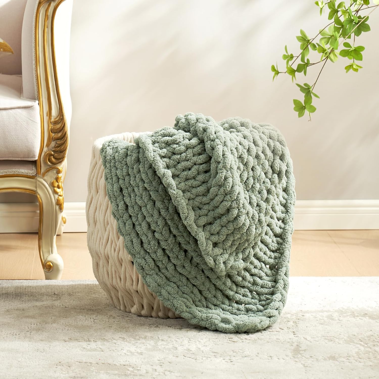 Chenille Chunky Knit Throw Blanket for Couch 50"x60", Sage Green | Handmade Chenille Crochet Throw for Sofa Bed, Thick Cable Knitted Blankets for Room Home Decor, Birthday Gift for Women - Image 8