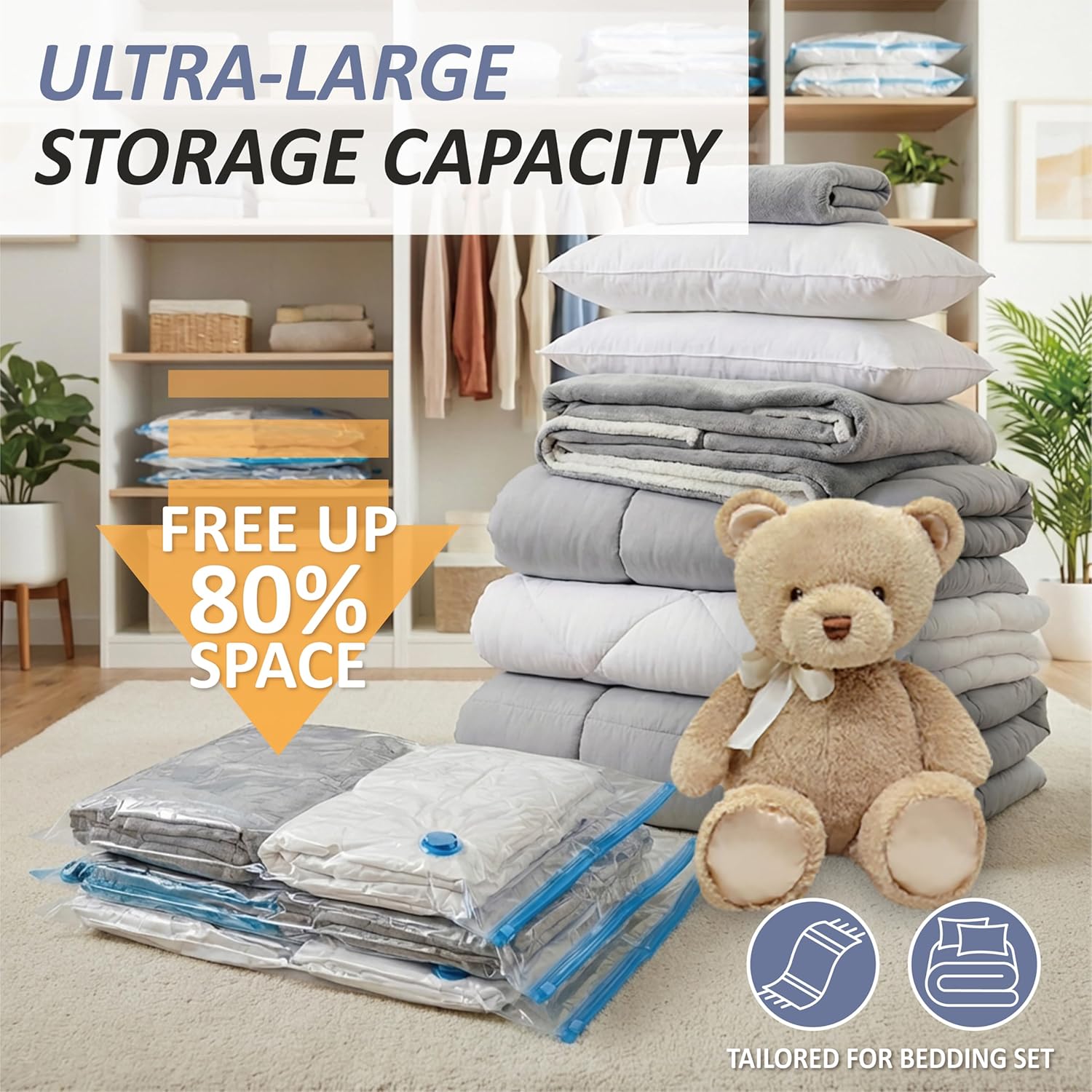 4 XXL Jumbo Vacuum Storage Bags for Bedding, Space Saver with Hand Pump | 47.2" x 35" Extra Large Vacuum Seal Bags for Bedding, Comforters, Blankets & Pillows; 80% Space-Saving Storage for Home - Image 2