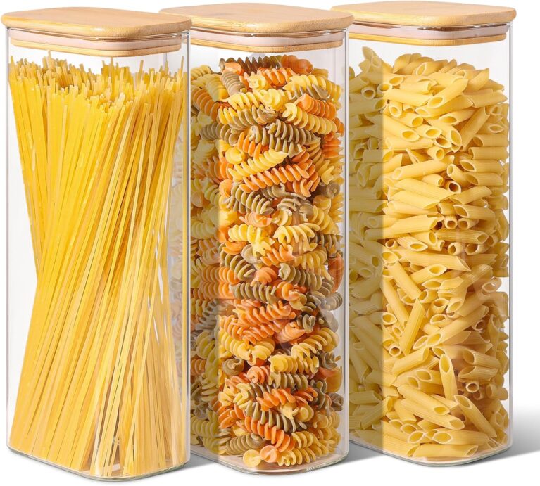 ComSaf Pasta Containers Storage 2.2 Qt, Set of 3 Tall Glass Spaghetti Jar | Rectangle Kitchen Canisters, 11.3-Inch Tall Jars,Pantry Organizers, Dry Food Storage Containers, Flour, Cereal,Oat, BPA Free