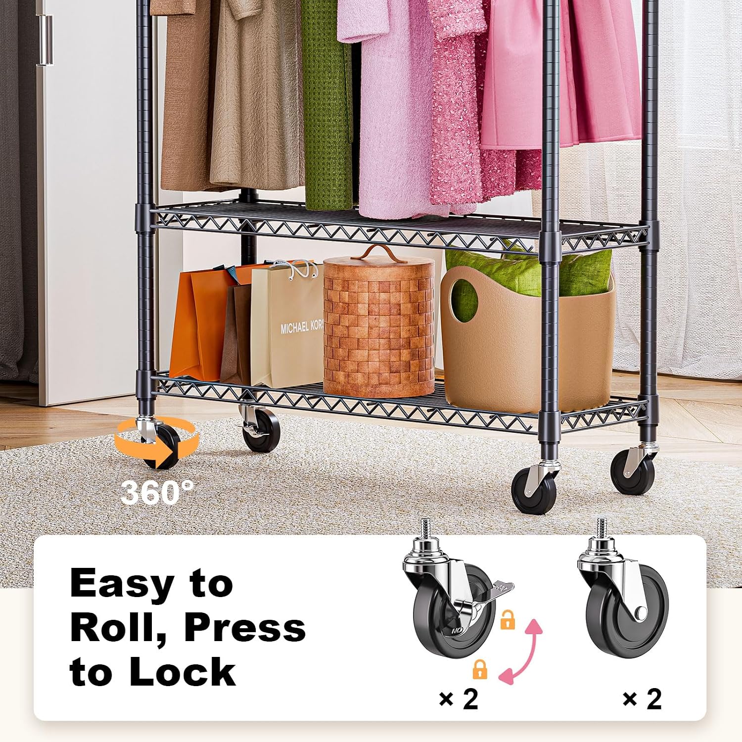 M MZG Heavy Duty Rolling Garment Rack 3 Tiers Adjustable Wire Shelving Clothes Rack with 1 Rods and Side Hooks,Storage Closet Clothing Rack with Wheels Black 15.7" D x 45.3" W x 75.6" H - Image 3