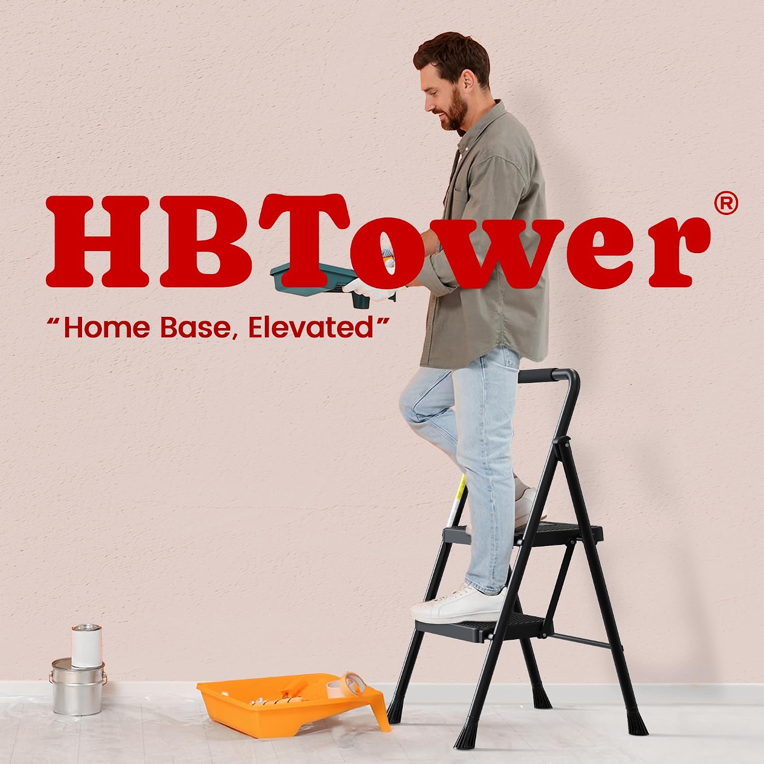 HBTower Step Ladder, Folding Step Stool with Wide Anti-Slip Pedal | Sturdy Steel Ladder, Convenient Handrail, Lightweight, Portable Steel Step Stool - Image 7