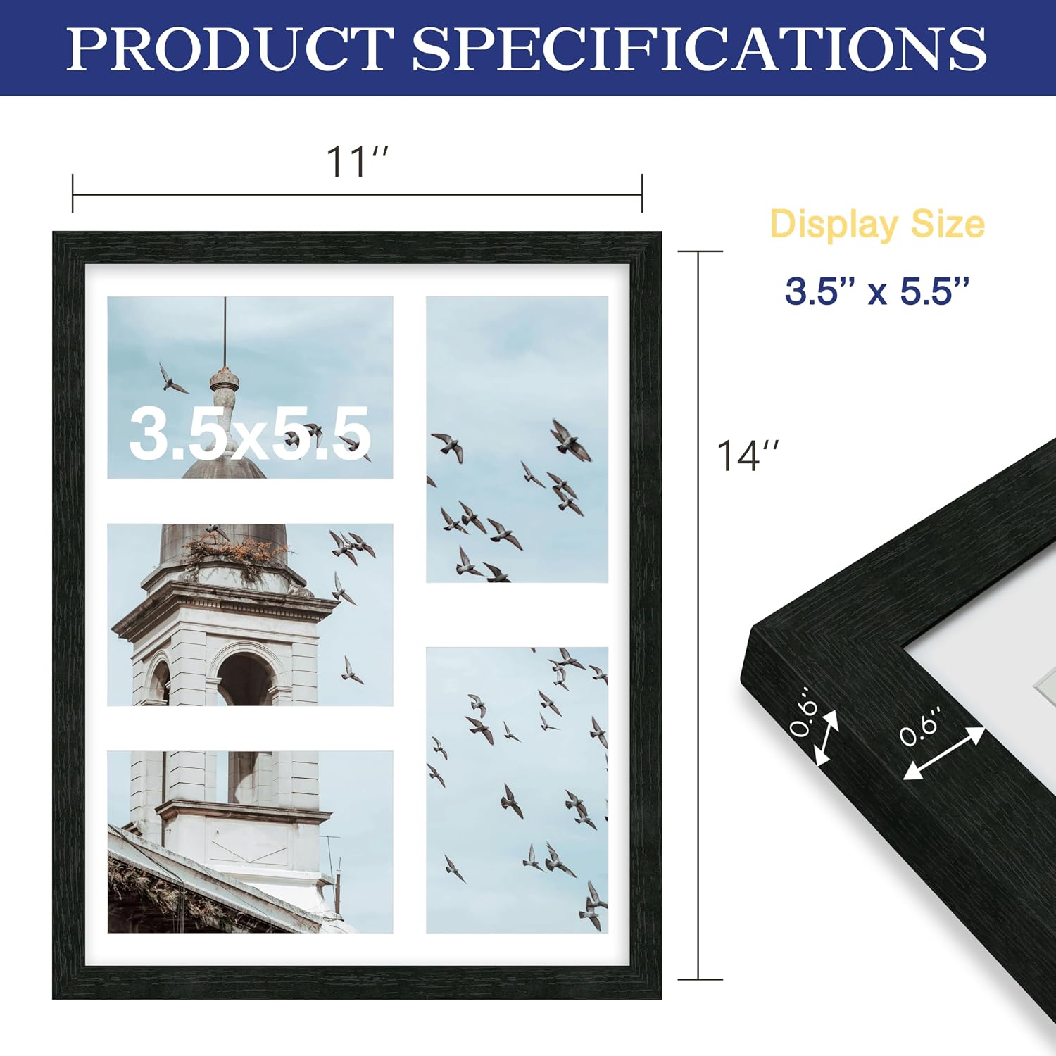 An&He 11x14 Collage Frame, Displays 5 Photos in 4x6 Size, Wooden Multi-Photo Frame with Clear PS Panel for Horizontal or Vertical Display - Black - Image 2