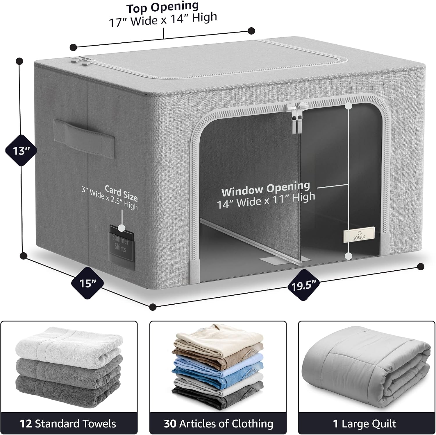 Sorbus Storage Bins with Metal Frame, Stackable Foldable Organizer (Gray) | Carry handles, divided interior and a large window support Oxford-fabric containers for bedrooms, linens and clothes. - Image 2