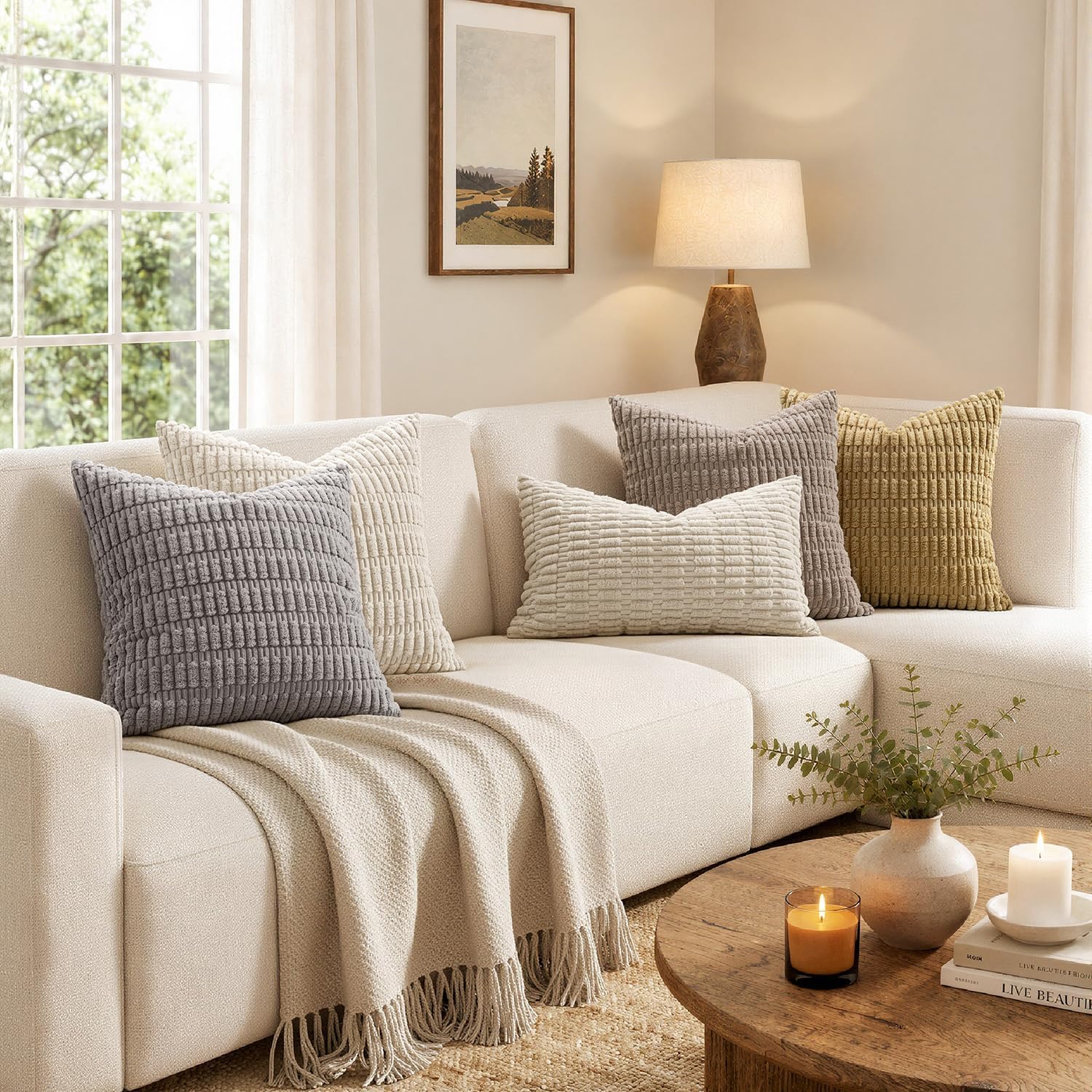 MIULEE Corduroy Decorative Throw Pillow Covers 18x18 Cream White Pack of 2 | Soft Boho Striped Pillow Covers Modern Farmhouse Home Decor For Sofa Living Room Couch Bed - Image 3