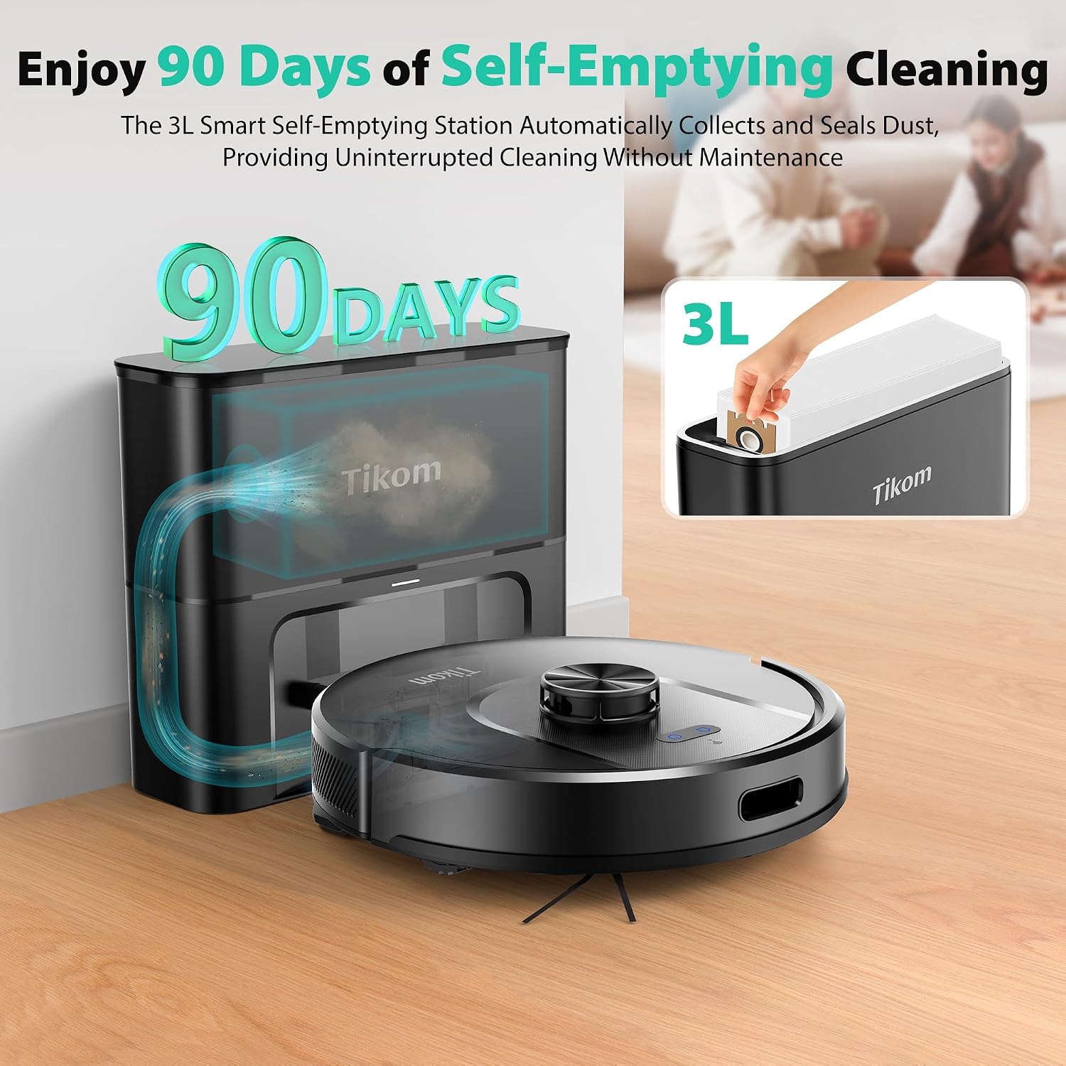 Tikom Robot Vacuum and Mop, Robotic Vacuum Cleaner with Self-Emptying Base | 6000Pa, 90 Days Capacity, LiDAR Navigation, Home Mapping, Ideal for Pet Hair, Hard Floors, Carpet (L8000 Plus) - Image 2