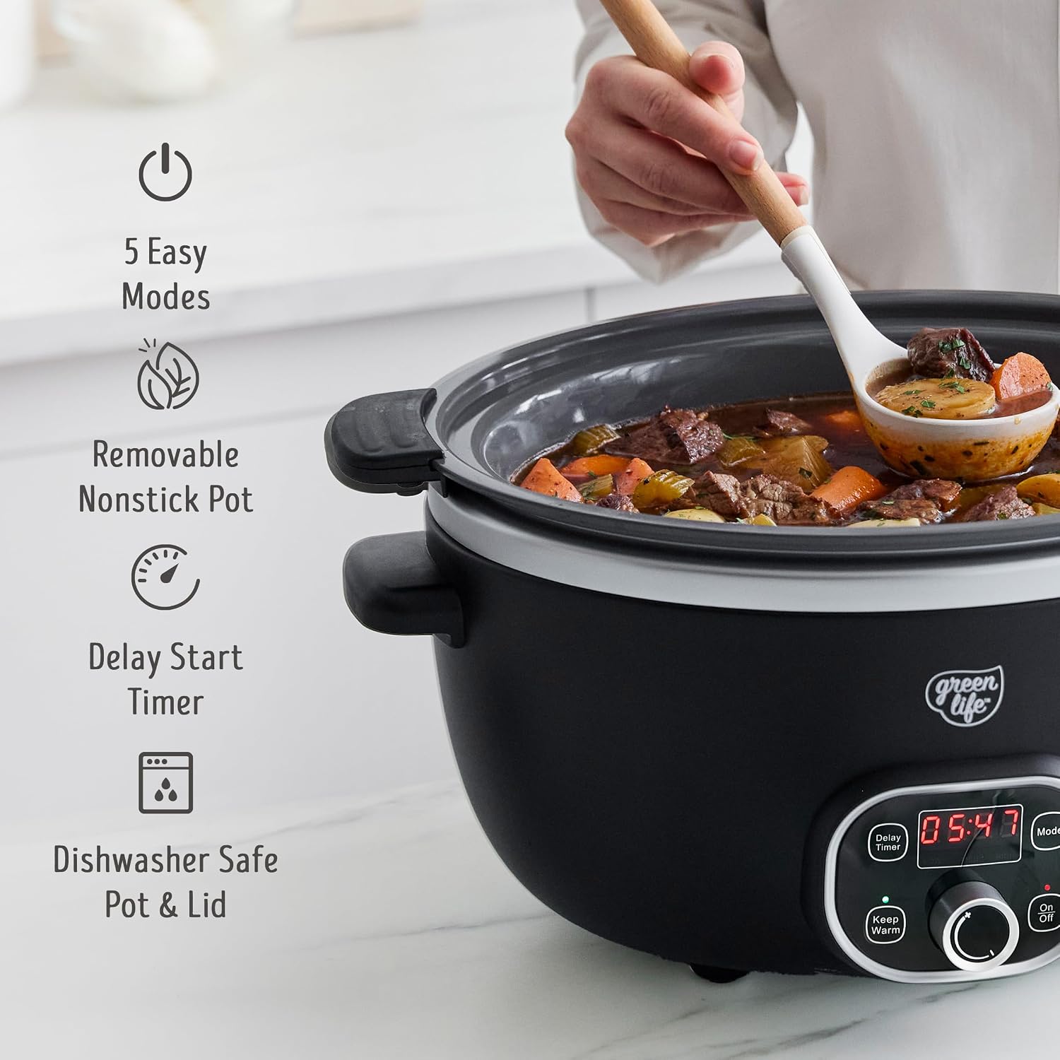 GreenLife 6QT Ceramic Nonstick Slow Cooker, Cooktop/Oven Safe, Black | PFAS-Free Nonstick Removeable Inner Pot, Dishwasher Safe Components, Programmable, Keep Warm, Delay Timer, Family Sized - Image 7