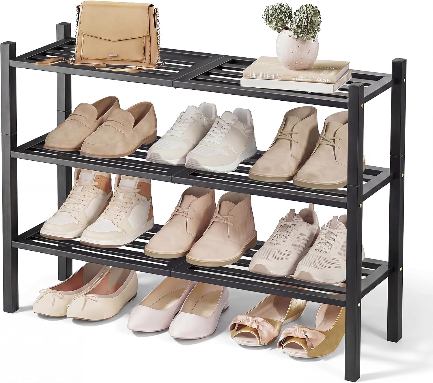 SONGMICS Bamboo Shoe Rack for Closet, Stackable Shoe Oragnizer with Modular Structure, Space-Saving Free Standing Shelf for Entryway Bedroom, 3-Tier, Holds 12-16 Pairs, Ink Black ULBS053BH01