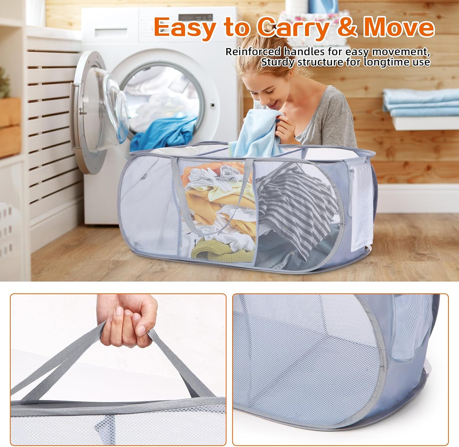 Durable Collapsible Foldable Pop Up Laundry Hamper, Sturdy 3 Compartments, Handy Pocket & Easy to Sort Clothes Hampers for Dorm, Kids Room, Travel - Grey - Image 5