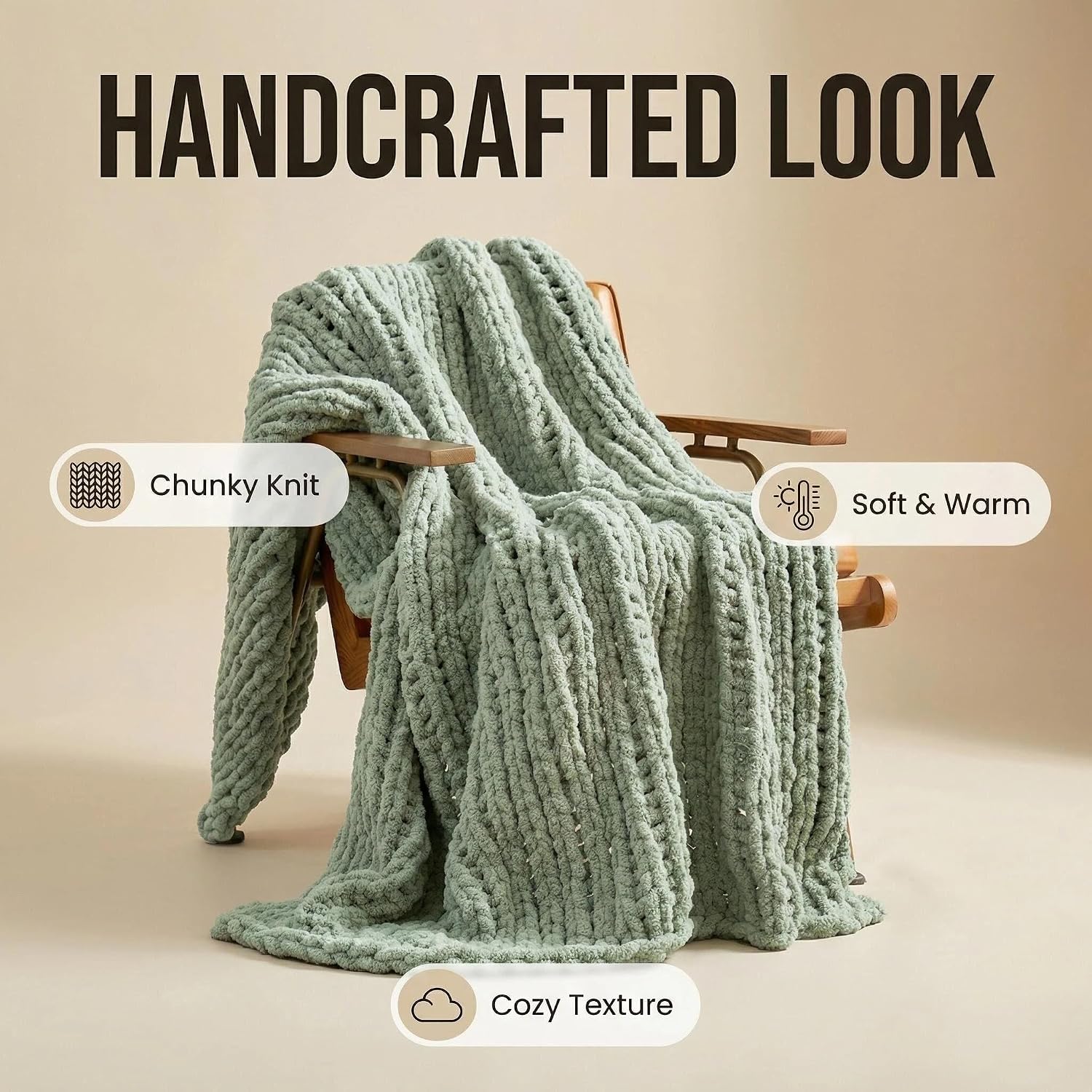 Chenille Chunky Knit Throw Blanket for Couch 50"x60", Sage Green | Handmade Chenille Crochet Throw for Sofa Bed, Thick Cable Knitted Blankets for Room Home Decor, Birthday Gift for Women - Image 5