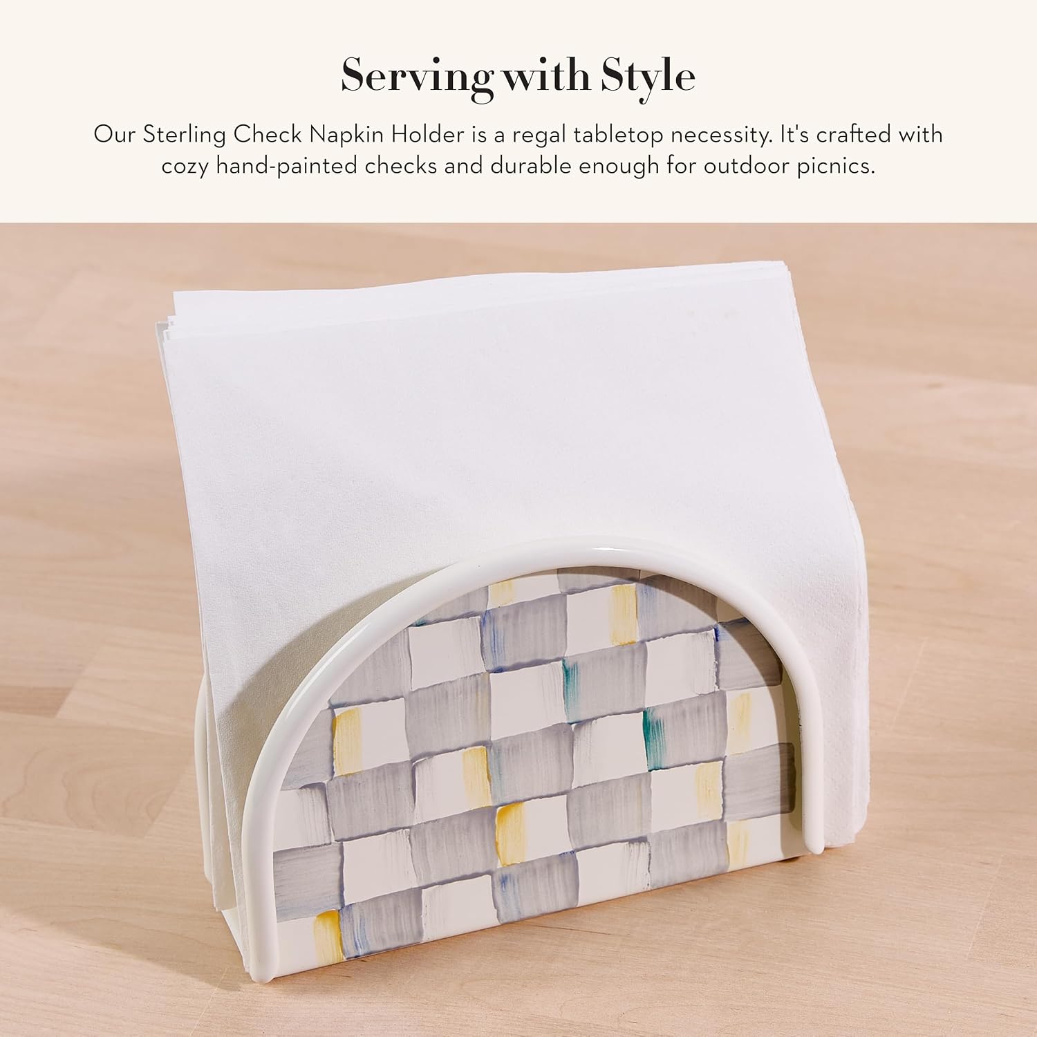 MACKENZIE-CHILDS Enamel Napkin Holder, Gray-and-White Sterling Check | Hand-painted design, kitchen napkin holder for table and countertop, 2" W x 6" L x 4.5" H - Image 2
