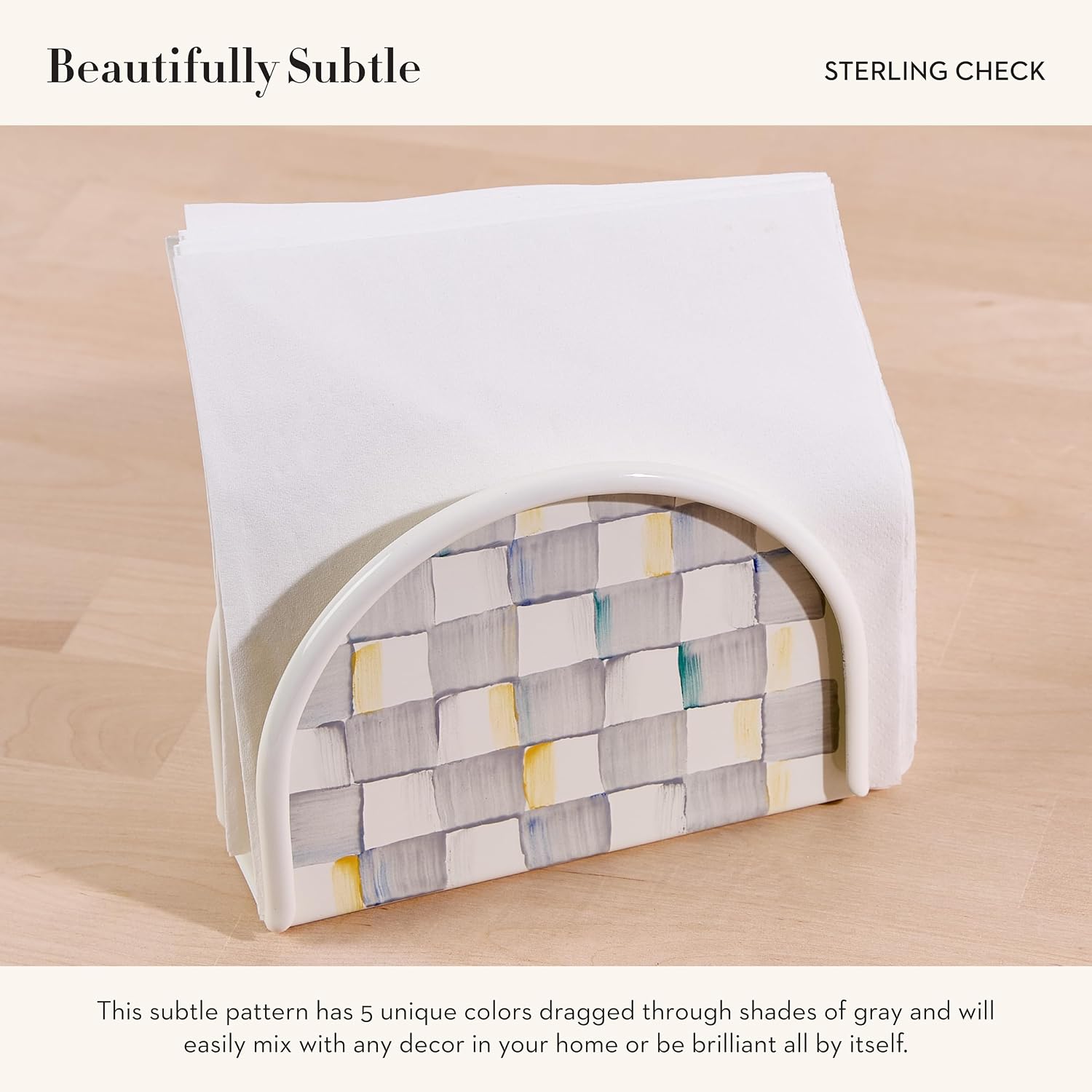 MACKENZIE-CHILDS Enamel Napkin Holder, Gray-and-White Sterling Check | Hand-painted design, kitchen napkin holder for table and countertop, 2" W x 6" L x 4.5" H - Image 3