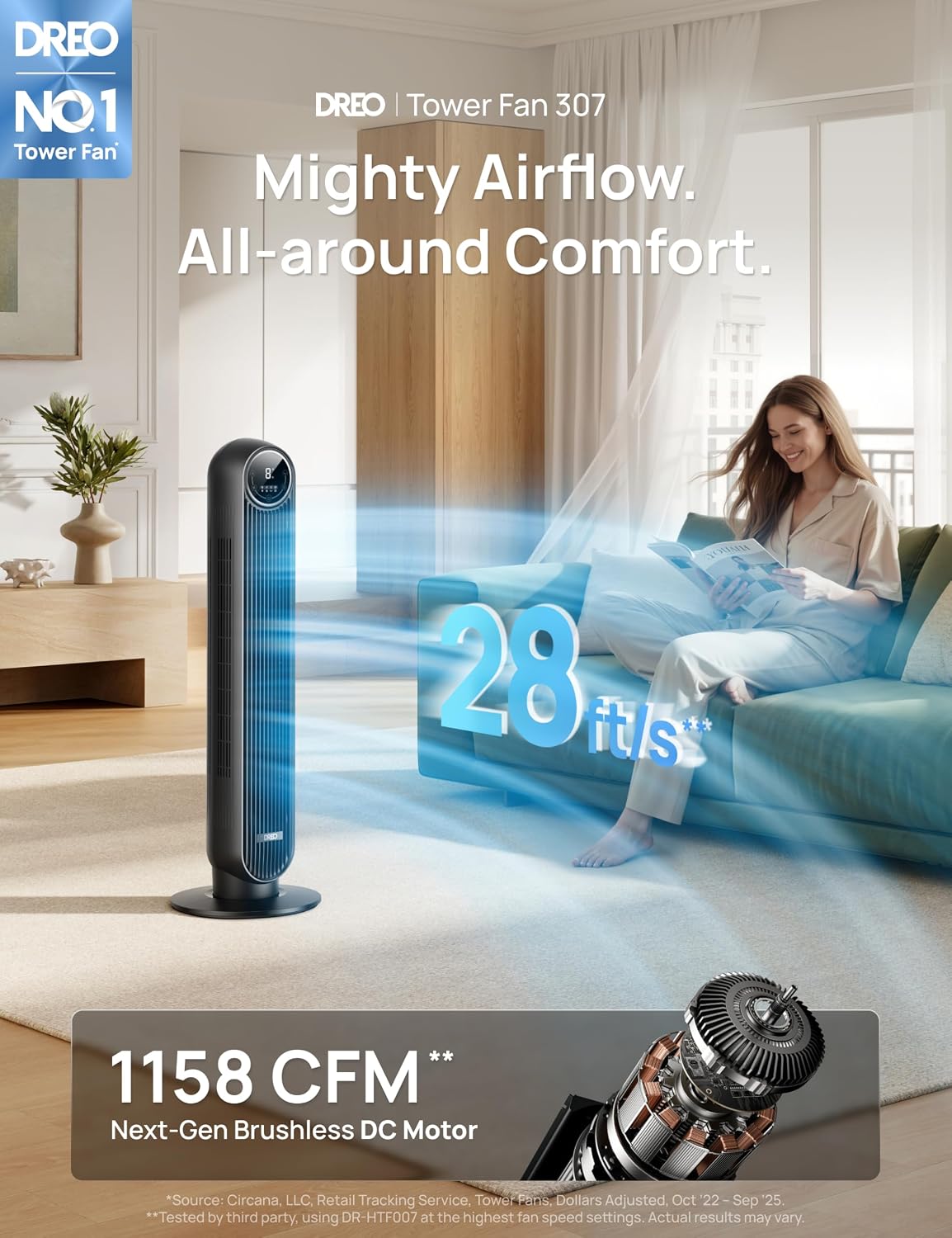 DREO Tower Fan for Bedroom, 28ft/s Velocity, Ultra Quiet Fan, 8 Speeds | 2026 Upgraded DC Motor, 90° Oscillating, 4 Modes Standing Fan, Bladeless Fan for Indoors, Floor Fans with Remote, Black - Image 2