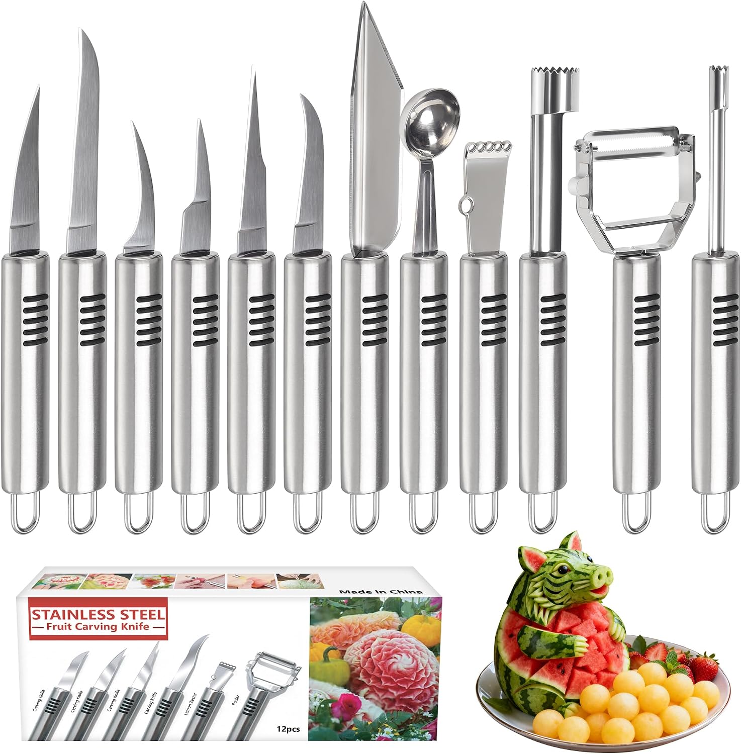 BURLIHOME 12Pcs Fruit&Veggie Carving Knife Set,Garnish Tool,Stainless Steel | Carrot Floral Fruit Carving,Holiday Table Centerpiece Accent,For Fruit & Cheese Boards,Meal Prep,Impress Guests at Gathering