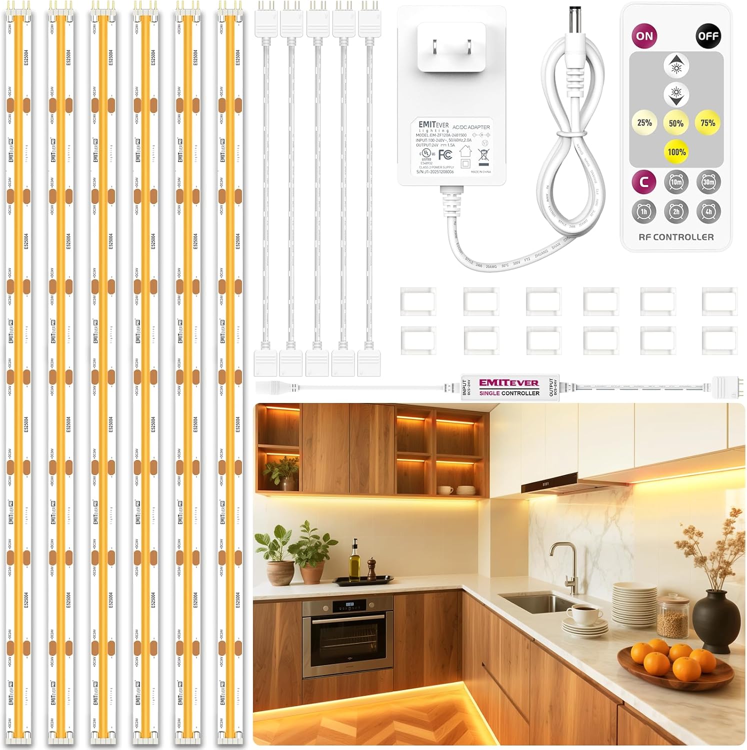 EMITEVER Under Cabinet Lighting 6PCS COB LED Strip 3000K Warm White 9.8ft | UL Listed, 24V Dimmable Led Lights Strip for Kitchen Cabinet, Counter, Shelf, with Remote & Adapter, Timing