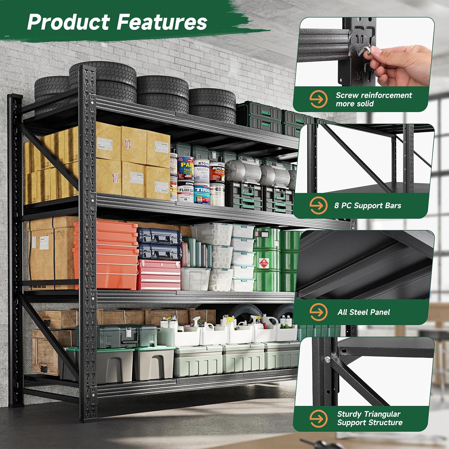 71.3" W Metal Storage Shelves,5000LBS Heavy Duty Garage Shelving Units, 4 Tier Adjustable Utility Rack Shelf,Large Industrial Shelves,for Shop,Warehouse,Black (71.3" W x 24" D x 70" H) - Image 5