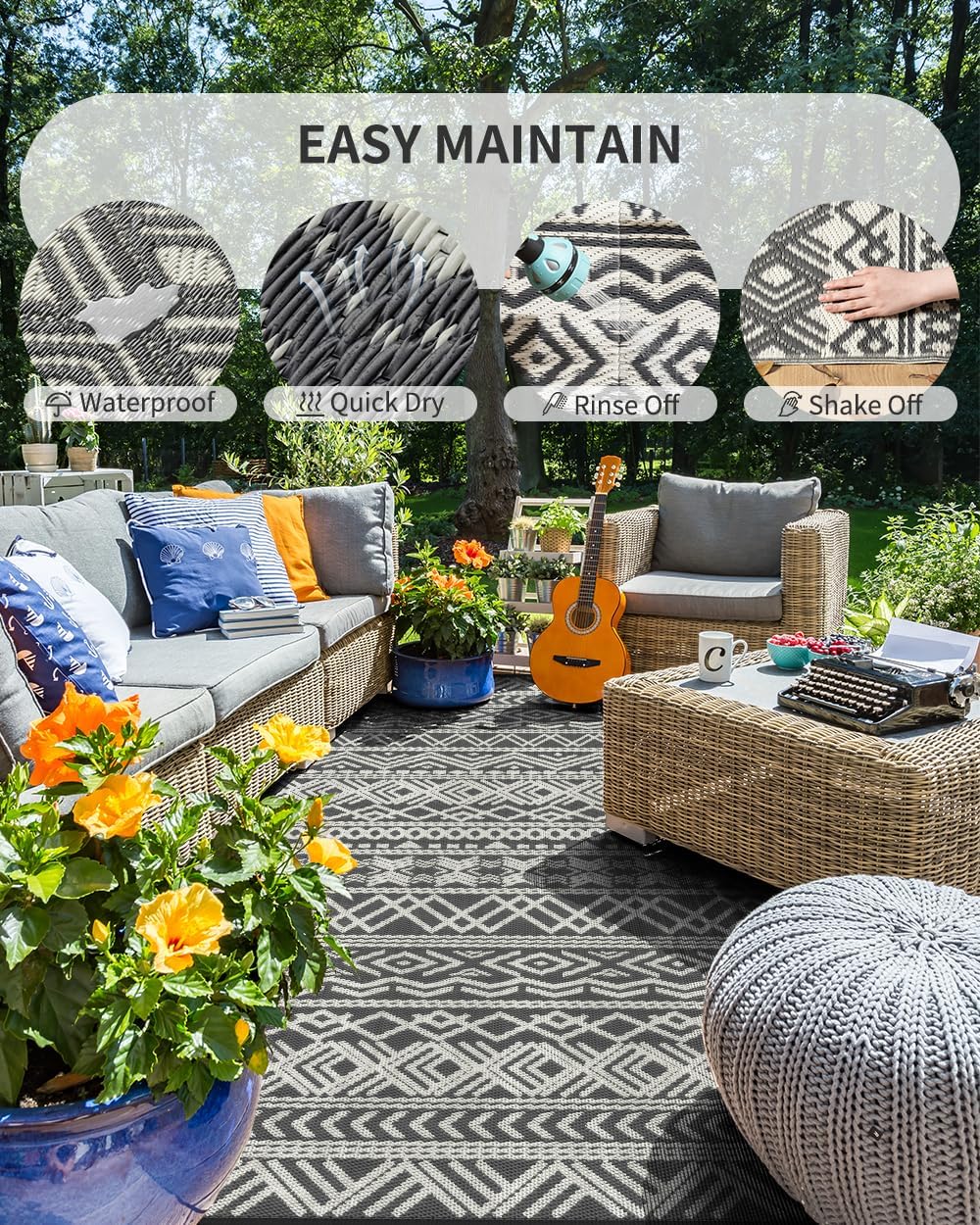 MontVoo Outdoor Rug Carpet Waterproof 5x8 Outdoor Patio Rug Mat Reverisble Plastic Straw Outdoor Rug for RV Camping Picnic Beach Balcony Boho Grey - Image 2