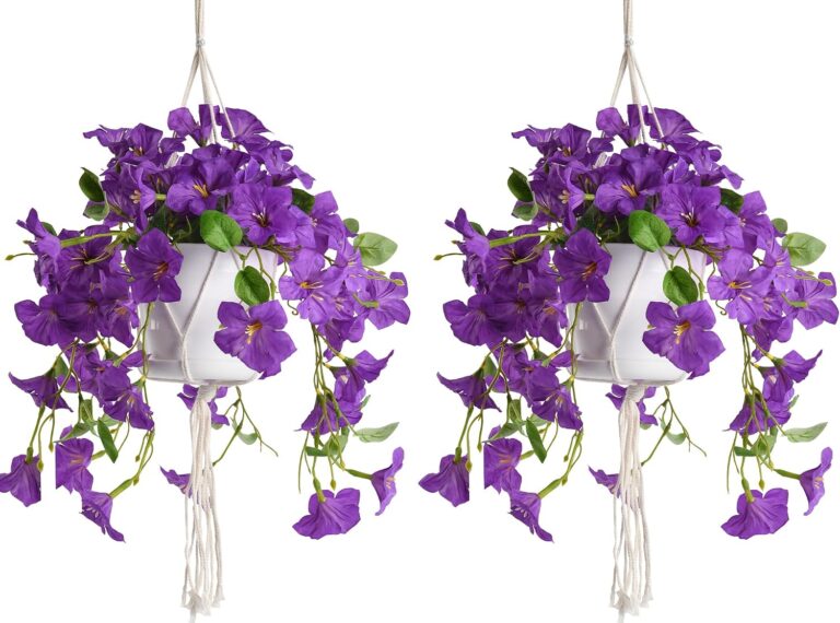 2 Sets Artificial Hanging Fake Flowers for Outdoors with Basket | Realistic faux petunias plants for patio, porch, balcony, garden, or yard, UV Resistant & fade-resistant, Purple