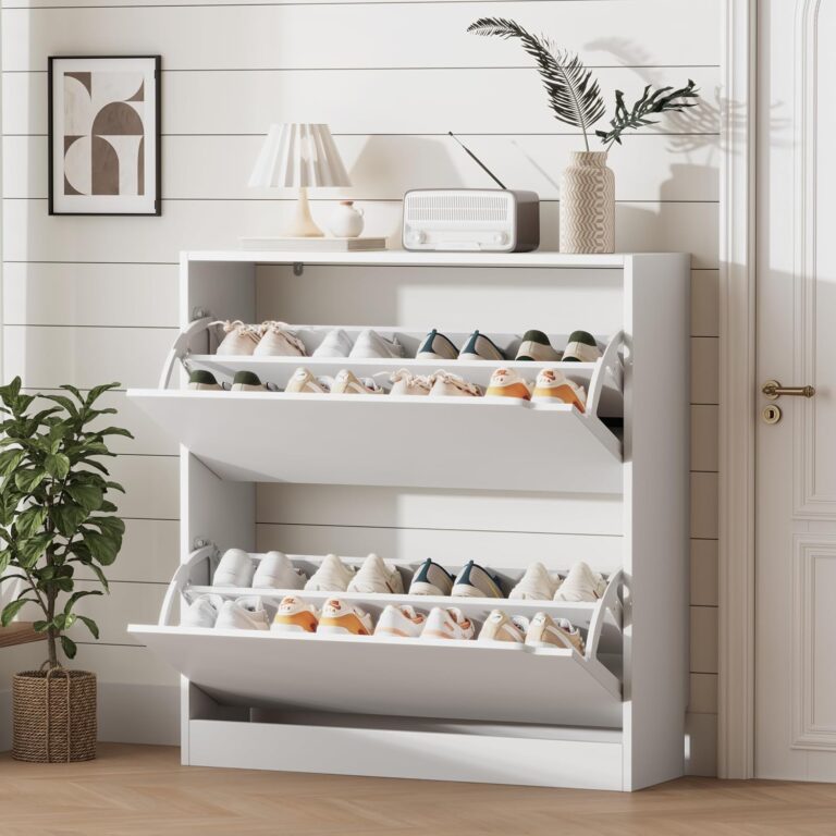 Xixini Shoe Storage Cabinet for Entryway with 2 Flip Drawers, Wood Freestanding Hidden Shoe Storage, Narrow Slim Sturdy Shoe Organizer for Front Door Entrance, Living Room, Hallway, Bedroom, White