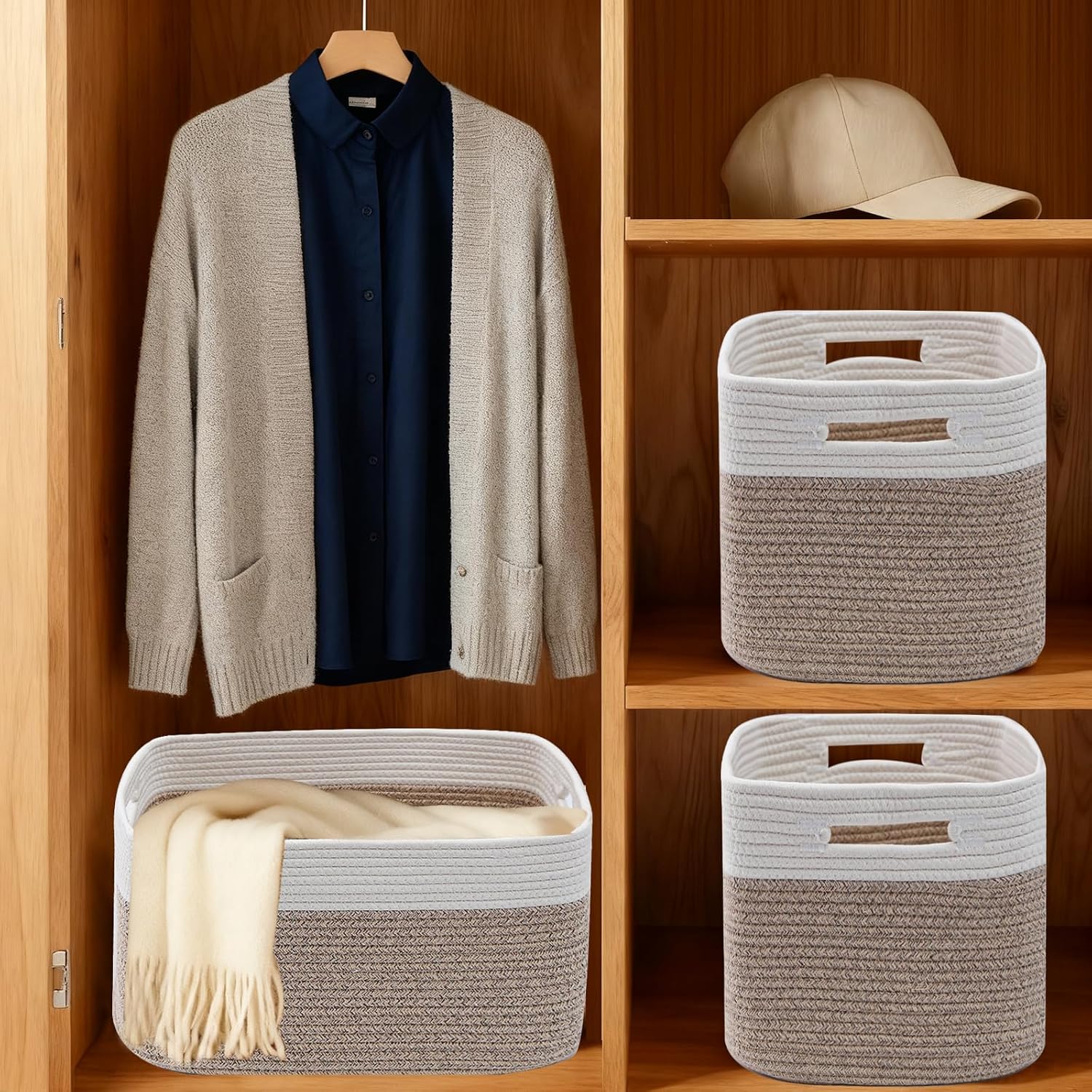 3 Pack Woven Baskets,Storage Baskets for Shelves with Handles | 13.5"×11"×9.5" Closet Baskets, Nursery Organizer for Toys Towels Books, Storage Bin for Living Room Bedroom (White&Brown) - Image 8