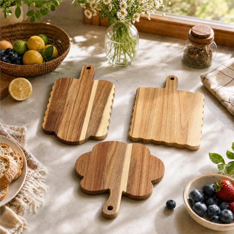 3-Piece Acacia Wood Scalloped Cutting Board Set with Handles, Decorative Wooden Charcuterie and Serving Boards for Cheese, Pizza, Meat, Fruit, Bread, Cottagecore Kitchen Decor