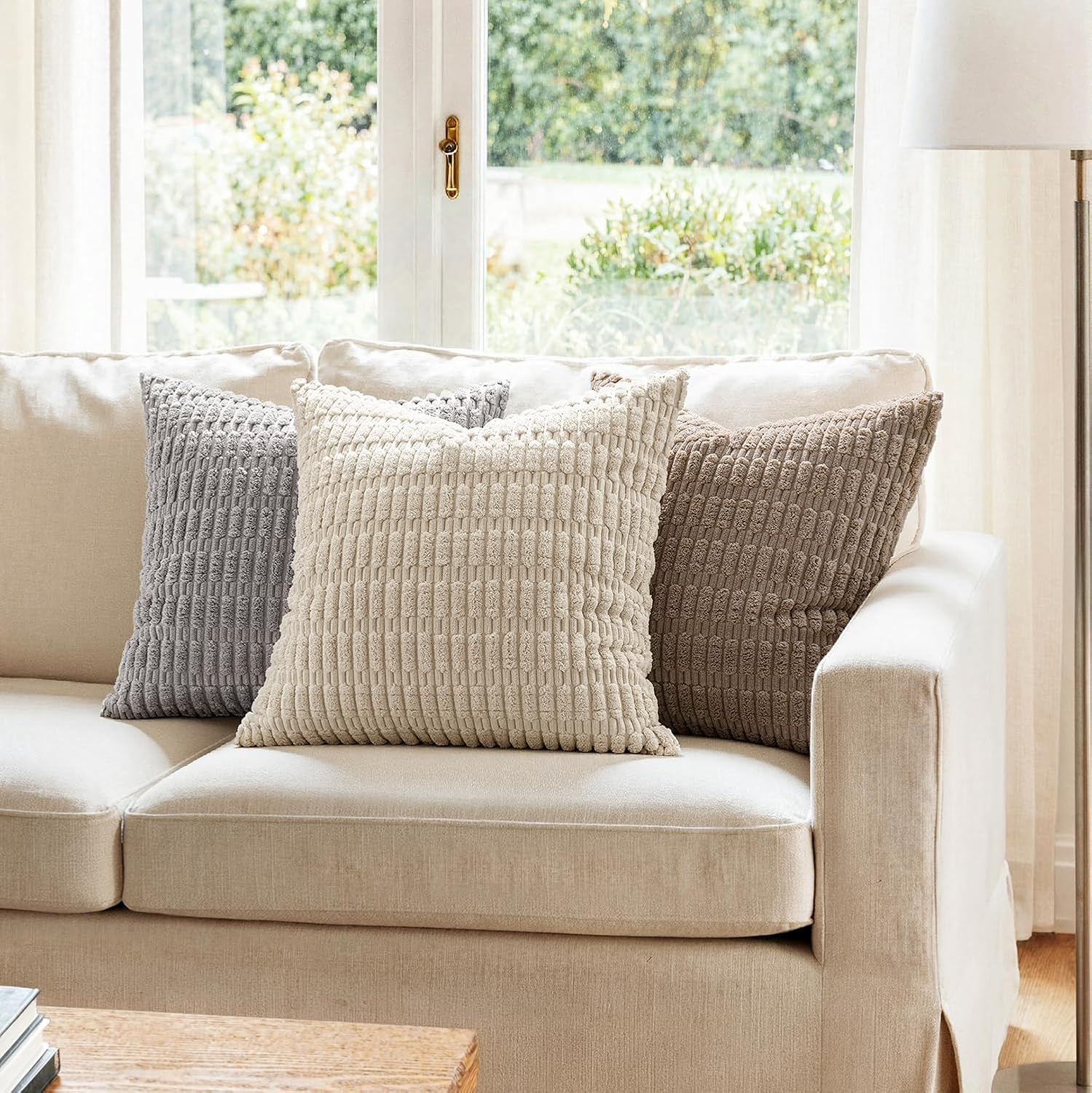 MIULEE Corduroy Decorative Throw Pillow Covers 18x18 Cream White Pack of 2 | Soft Boho Striped Pillow Covers Modern Farmhouse Home Decor For Sofa Living Room Couch Bed - Image 2