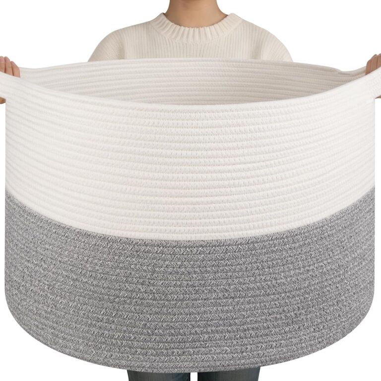 OIAHOMY 90L XXXLarge Blanket Basket for Living Room, 21.7" x 13.8" Woven Cotton Rope Laundry Basket for Organizing Pillows, Decorative Stuffed Animal Toy Storage for Nursery, White and Light Grey