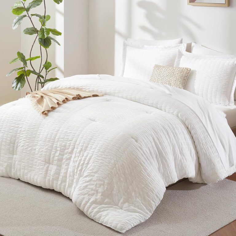 CozyLux Queen Comforter Set, 7 Pieces White Seersucker Bed in a Bag | OEKO-TEX Certified, All Season Bedding Set with 240 GSM Down Alternative Comforter, Flat & Fitted Sheets, Pillowcases & Shams