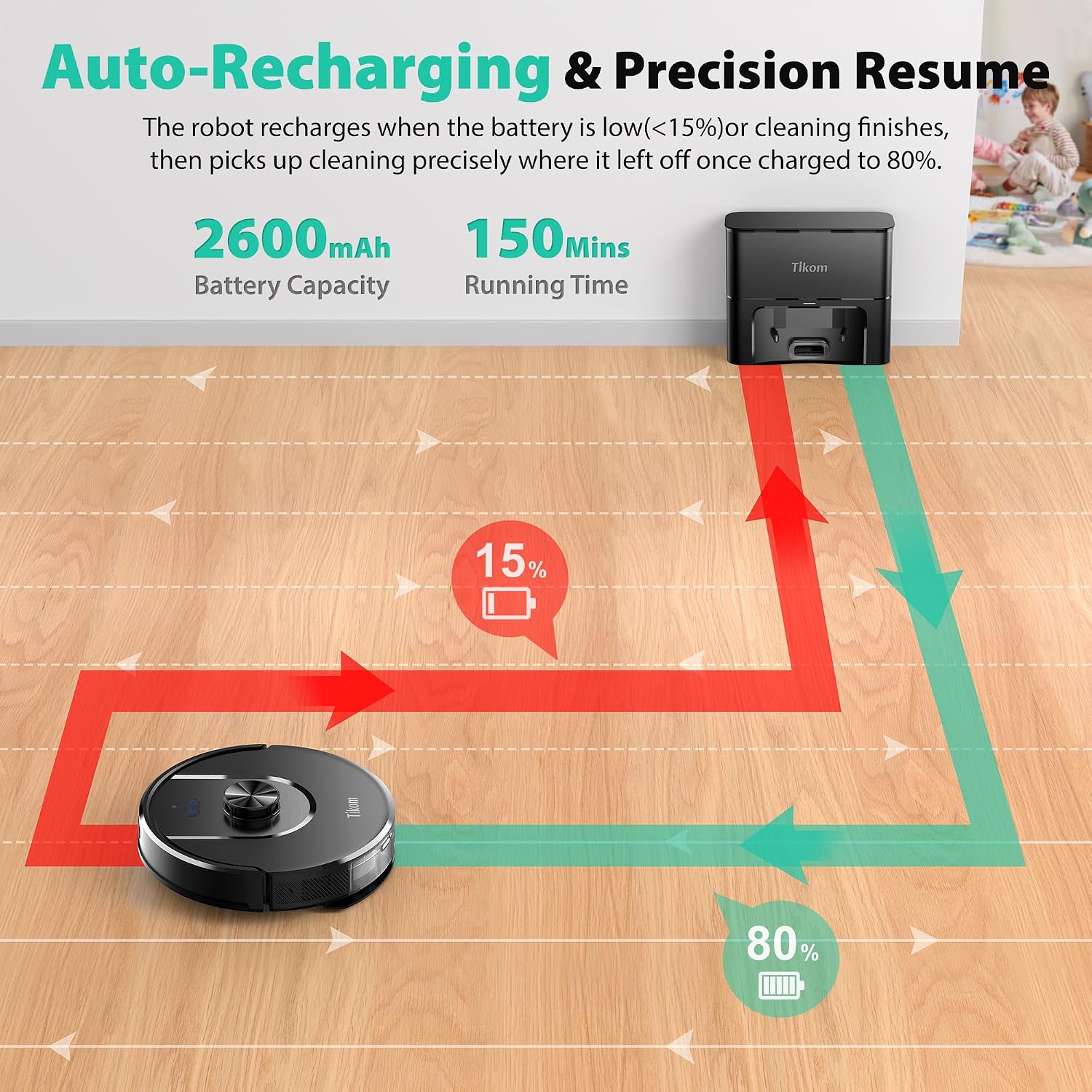 Tikom Robot Vacuum and Mop, Robotic Vacuum Cleaner with Self-Emptying Base | 6000Pa, 90 Days Capacity, LiDAR Navigation, Home Mapping, Ideal for Pet Hair, Hard Floors, Carpet (L8000 Plus) - Image 8