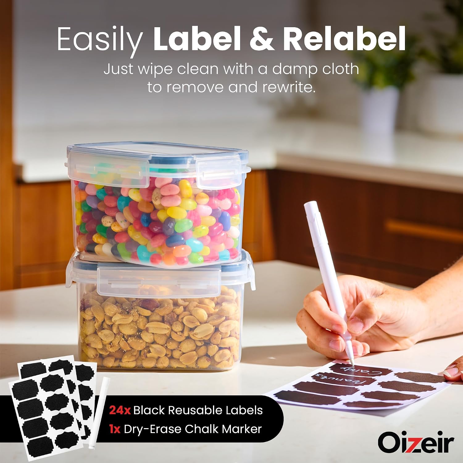 Oizeir Airtight Food Storage Containers with Lids 24-Pack, Pantry Kitchen | 24-Pack BPA-Free Airtight Plastic Food Containers, Snap Lids for Pantry Kitchen, Flour Sugar Rice Cereal Pasta, Clear - Image 4