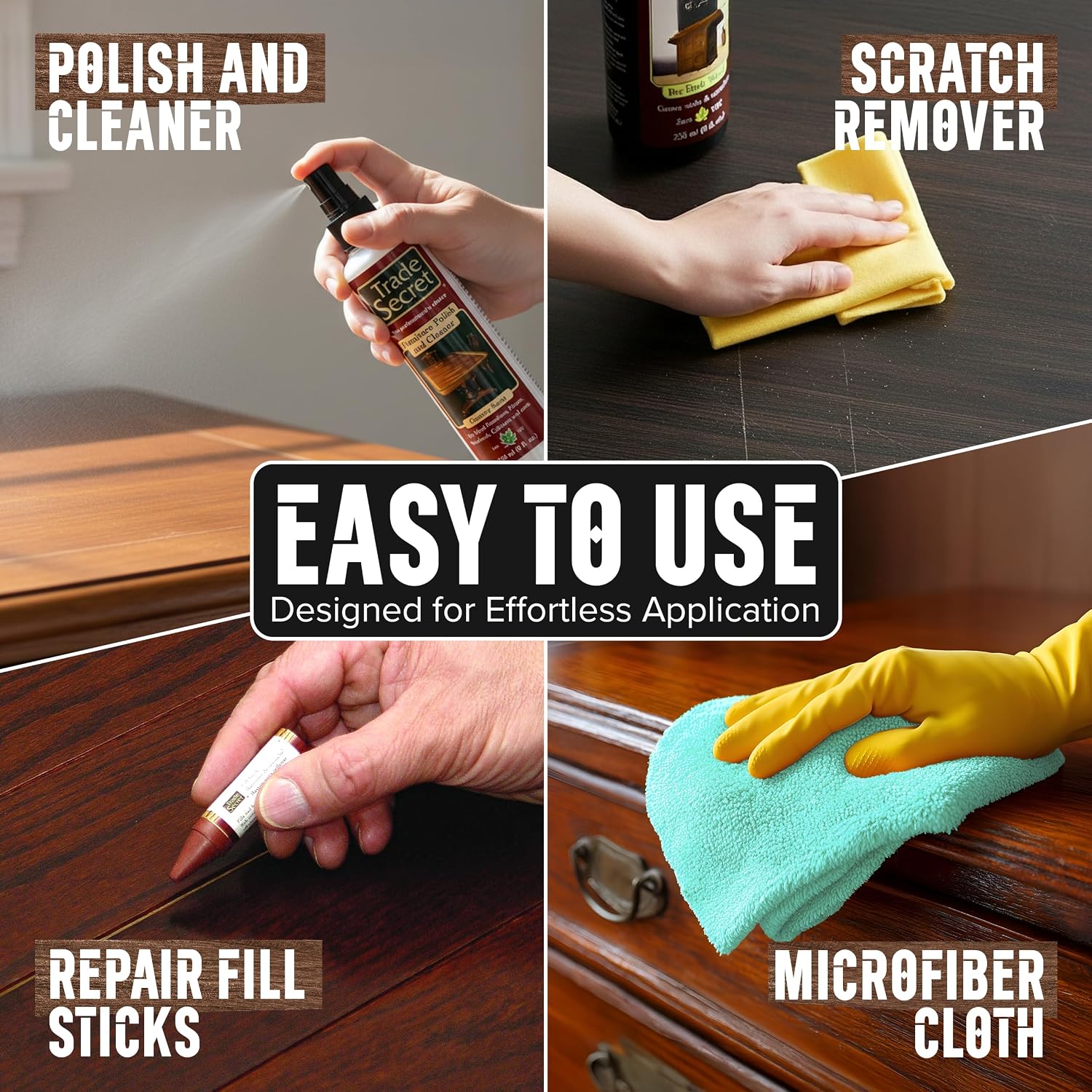 Trade Secret Complete Wood Furniture & Floor Restoration Kit - Scratch Repair and Polish System for Light and Dark Surfaces with Microfiber Cloth - Image 2
