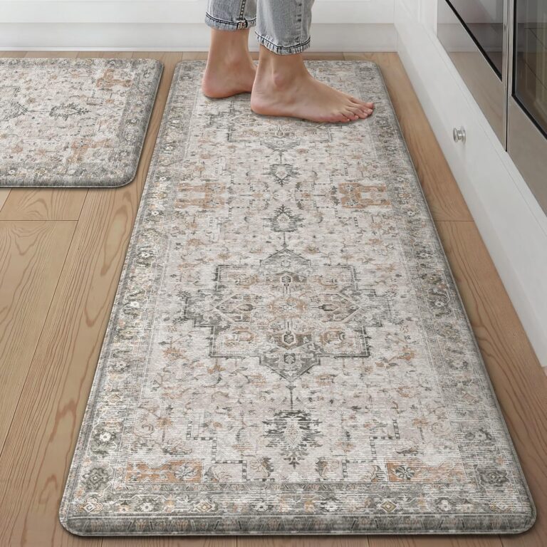 GENIMO Anti Fatigue Kitchen Mats for Floor 2PCS, Cushioned Standing Mats | 17.3"x47"&17.3"x30", Light Taupe Brown vintage boho rug set, waterproof, non-slip, easy-clean for home laundry sink farmhouse
