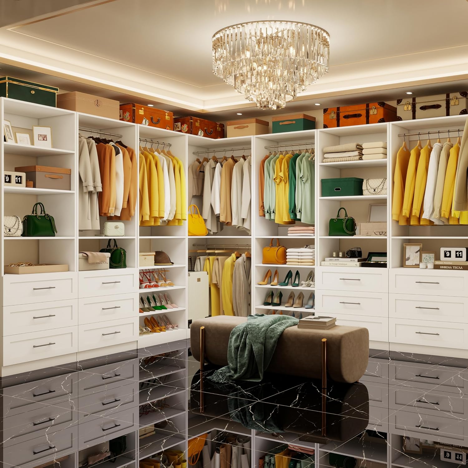 Vomavex Closet System with 4 sets, 101.9" Closet Organizer Systems with 6 Drawers & 8 Hanging Rods & Adjustable Shelves, Walk in Closet Standing Closet System, Corner Closet System Set, White - Image 2