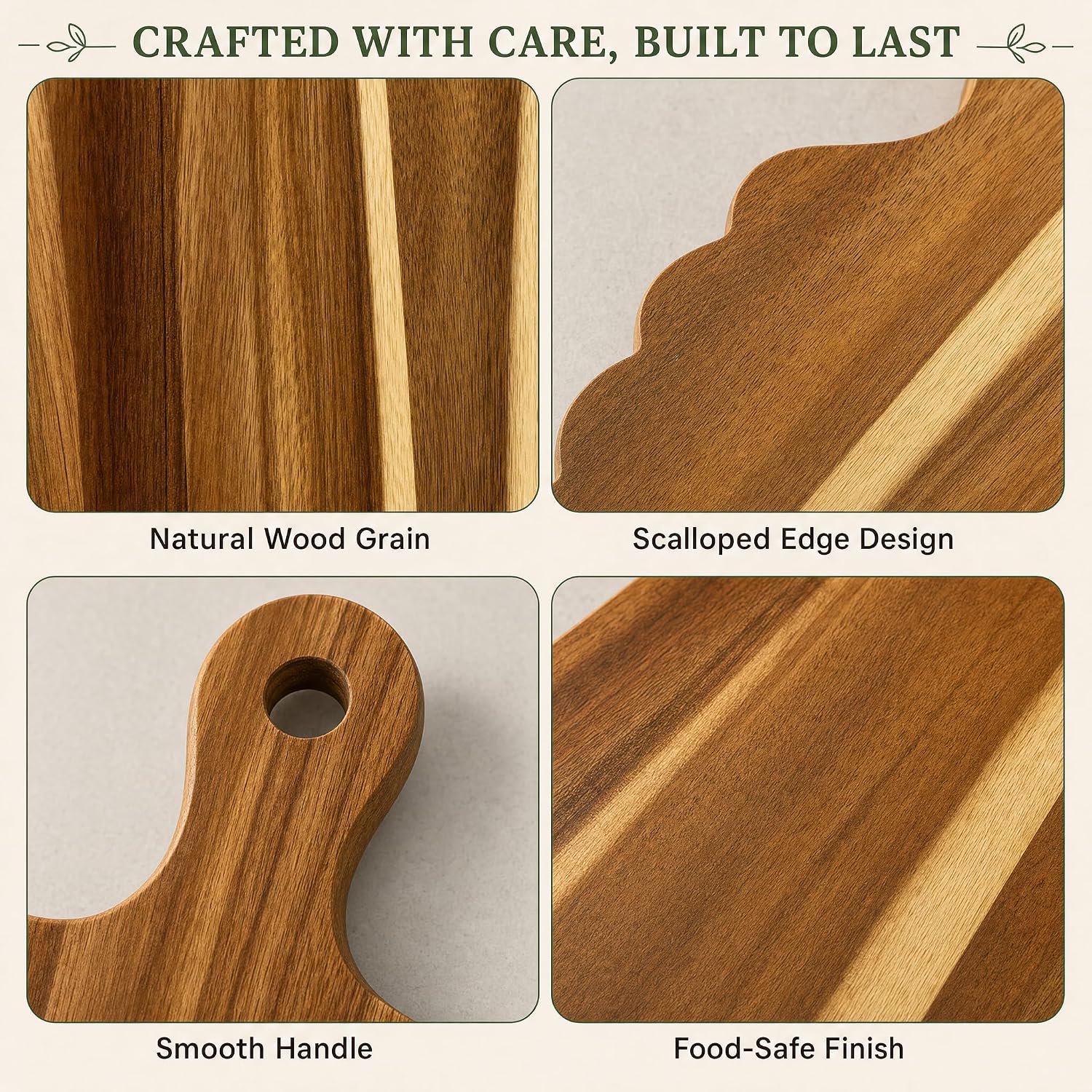 3-Piece Acacia Wood Scalloped Cutting Board Set with Handles, Decorative Wooden Charcuterie and Serving Boards for Cheese, Pizza, Meat, Fruit, Bread, Cottagecore Kitchen Decor - Image 3